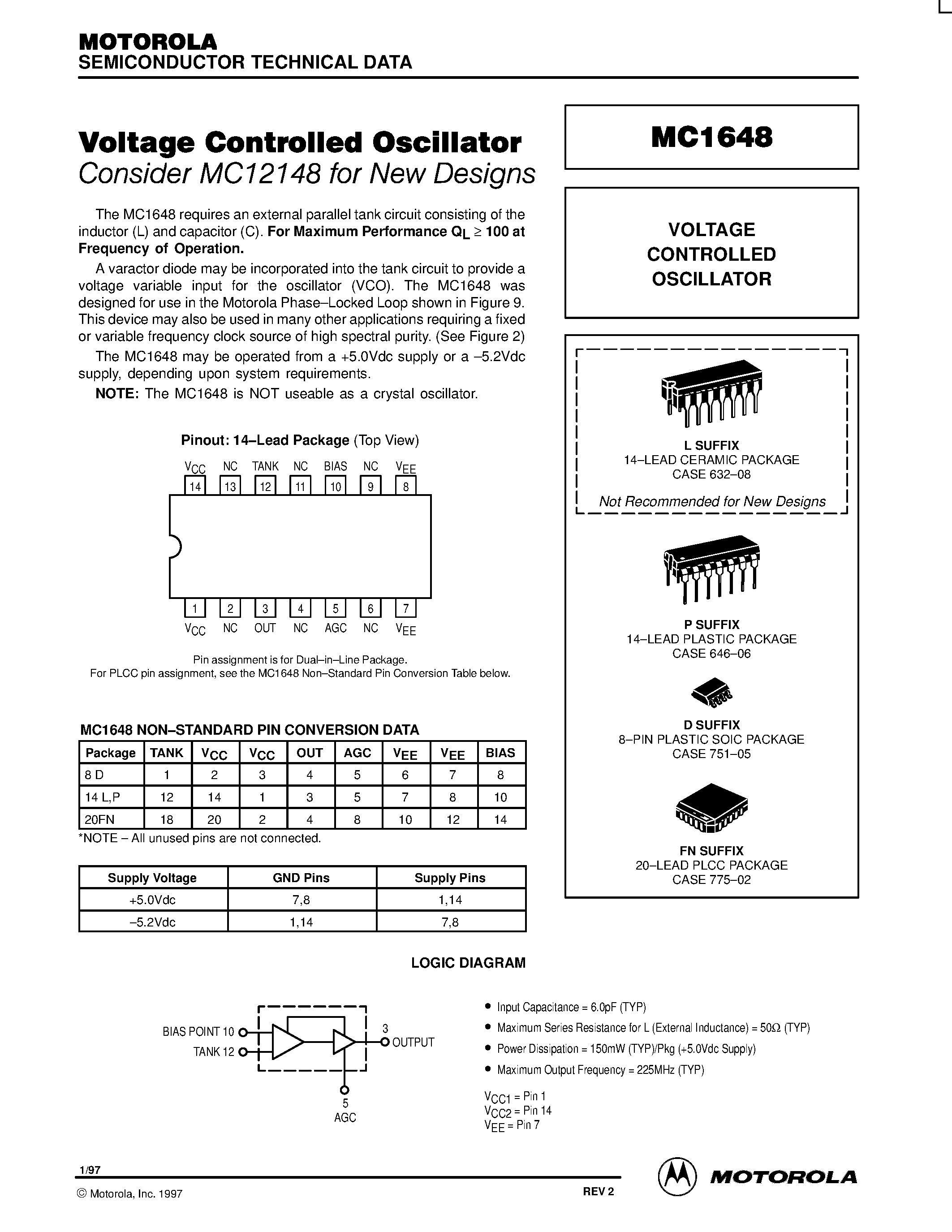 Даташит MC1648 - Voltage Controlled Oscillator страница 1