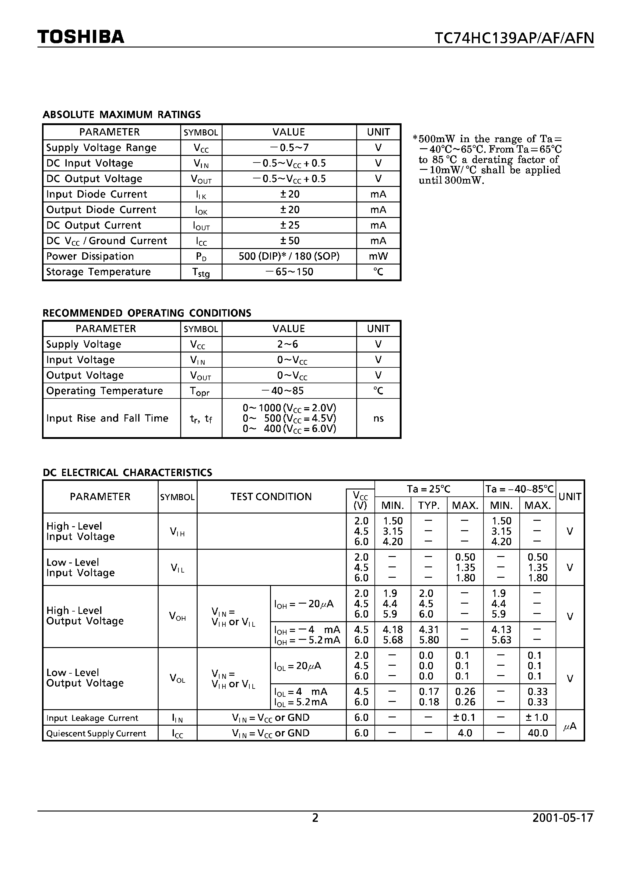 Даташит TC74HC139 - DUAL 2 TO 4 LINE DECODER страница 2