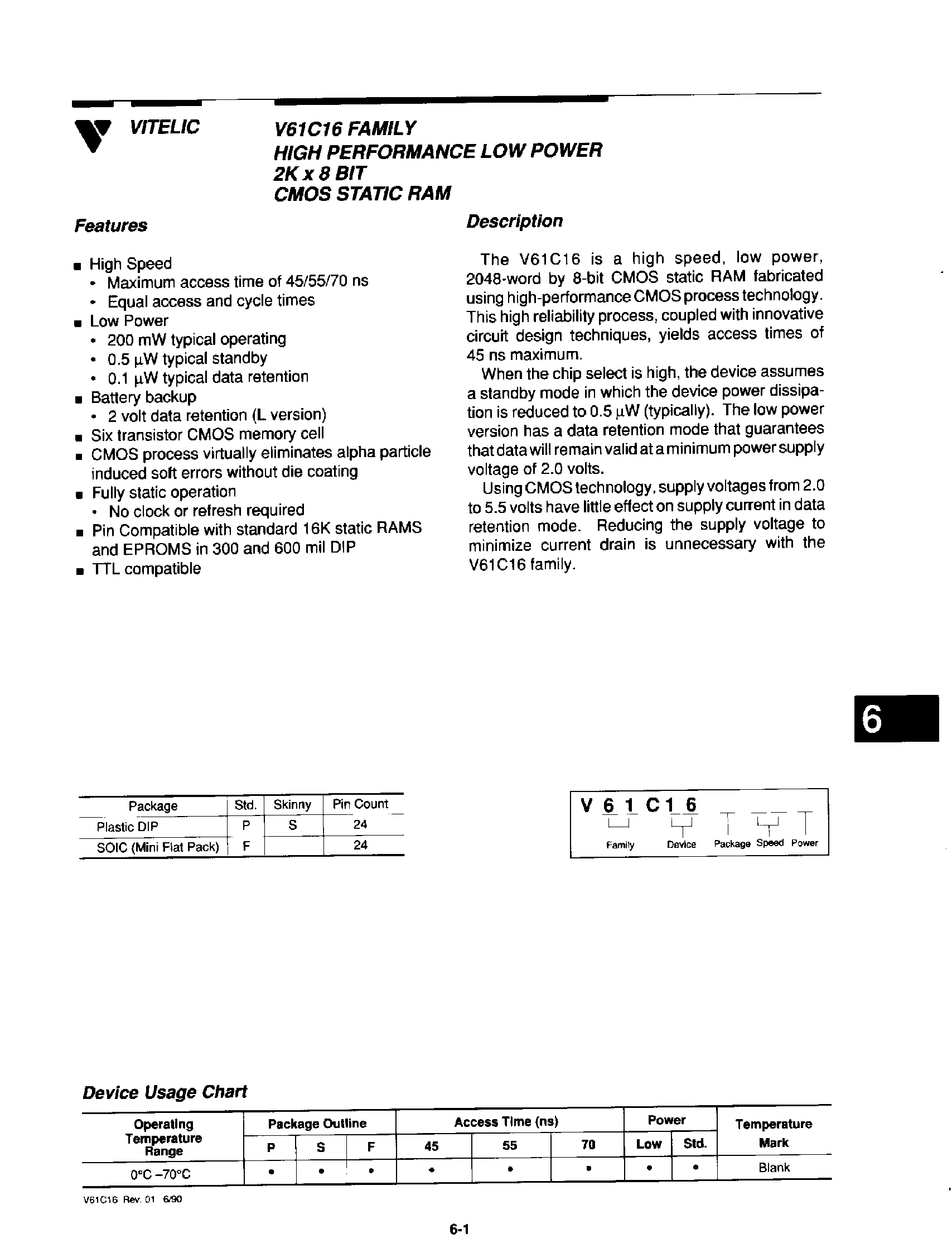 Даташит V61C16 - High Performance Low Power 2K x 8 Bit CMOS Static RAM страница 1