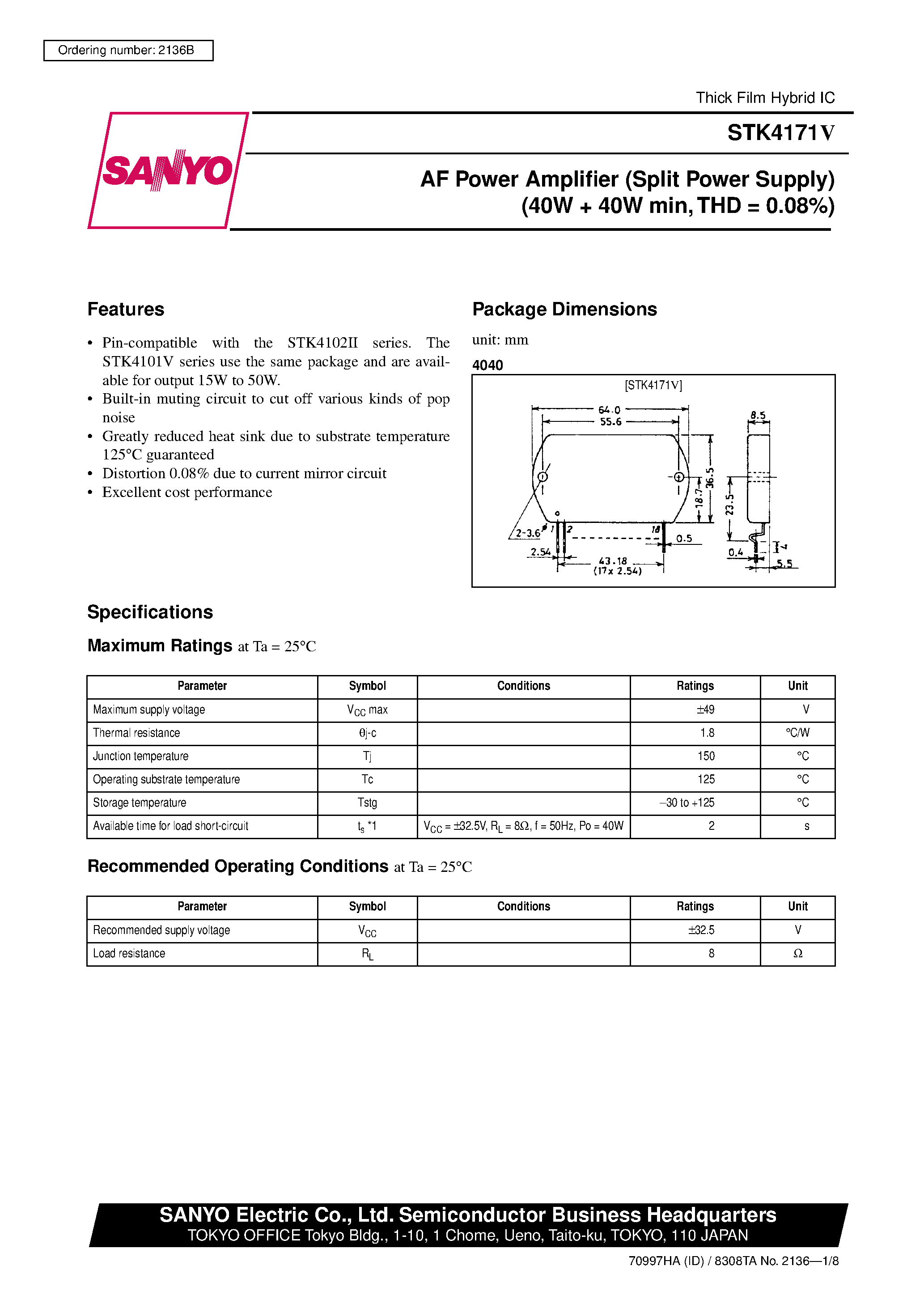 Datasheet STK4171V - AF Power Amplifier page 1