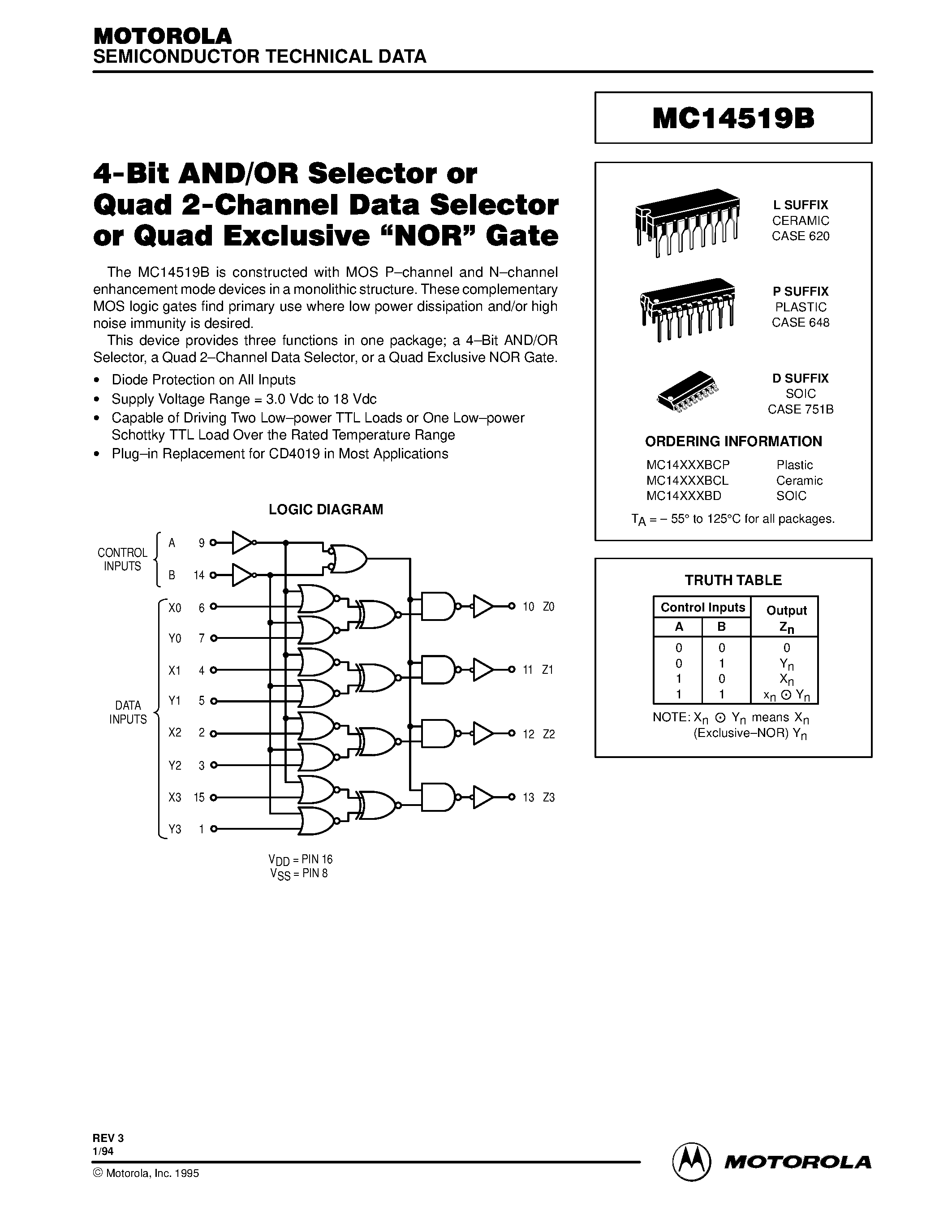 Даташит MC14519B - 4-Bit AND/OR Selector or Quad 2-Channel Data Selector or Quad Exclusive NOR Gate страница 1