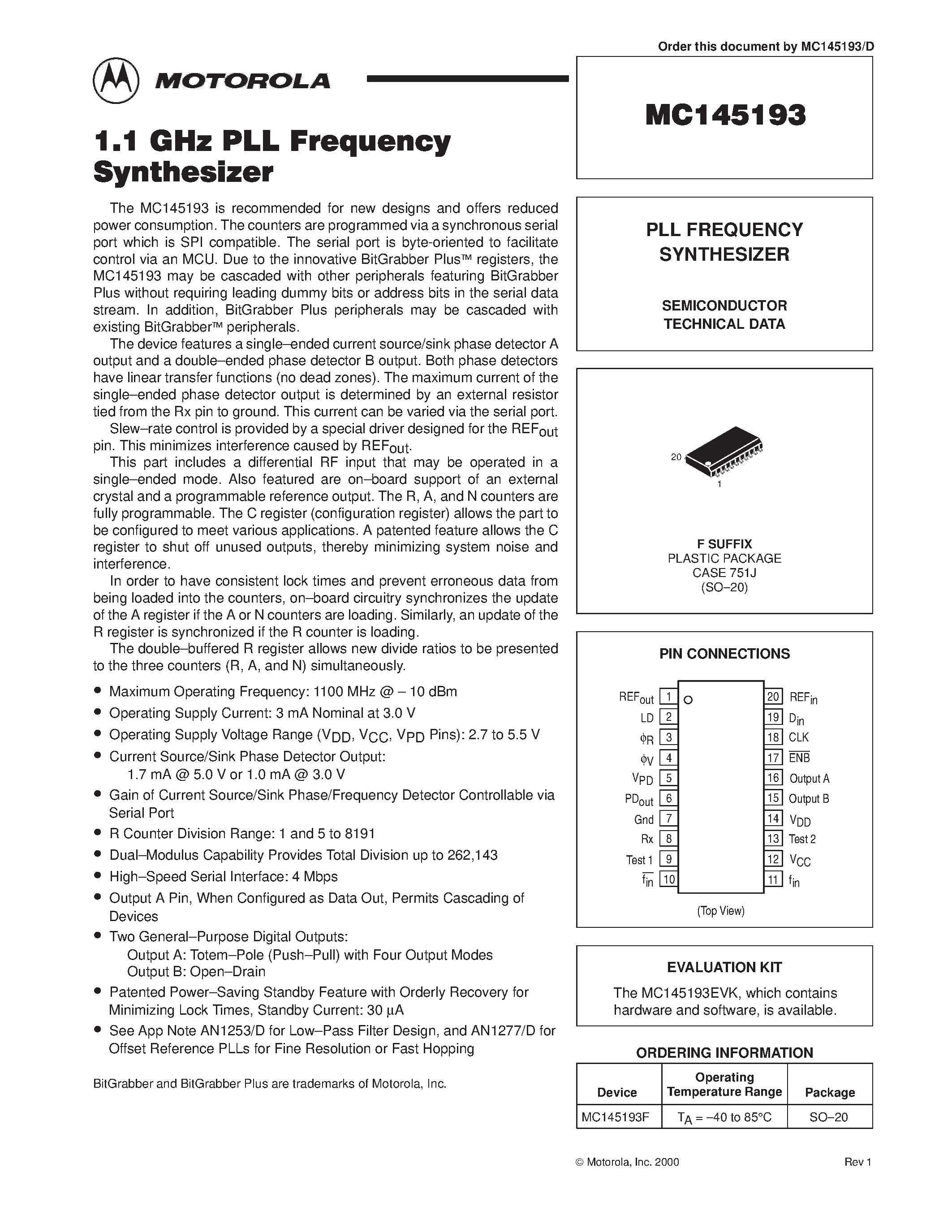 Даташит MC145193 - 1.1 GHZ PLL FREQUENCY SYNTHESIZER страница 1