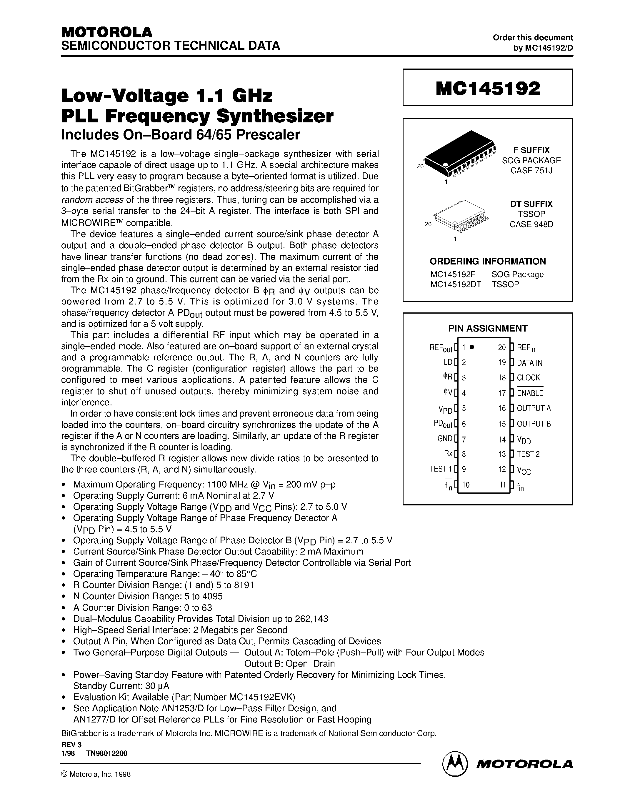 Даташит MC145192 - Low-Voltage 1.1 GHz PLL Frequency Synthesizer страница 1