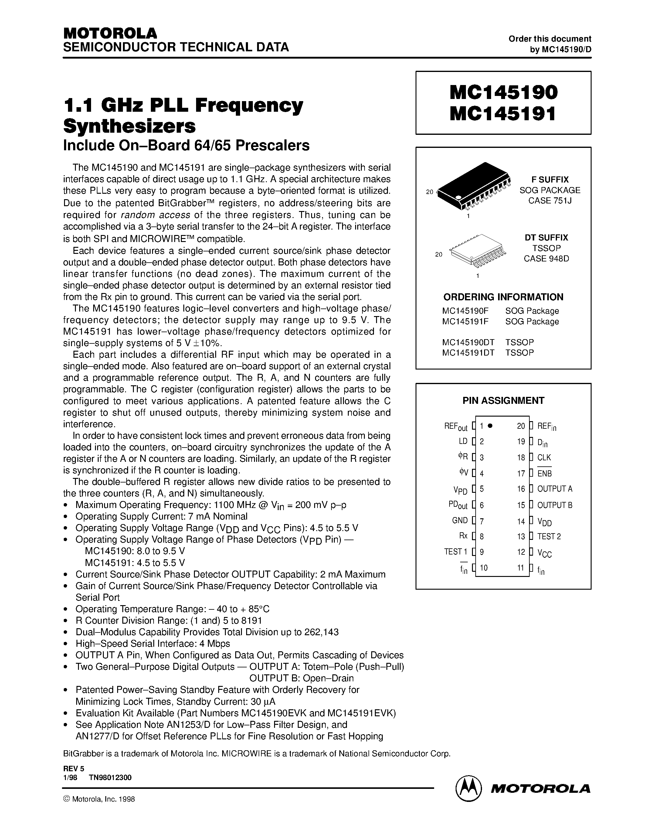 Даташит MC145190 - 1.1 GHz PLL Frequency Synthesizers страница 1