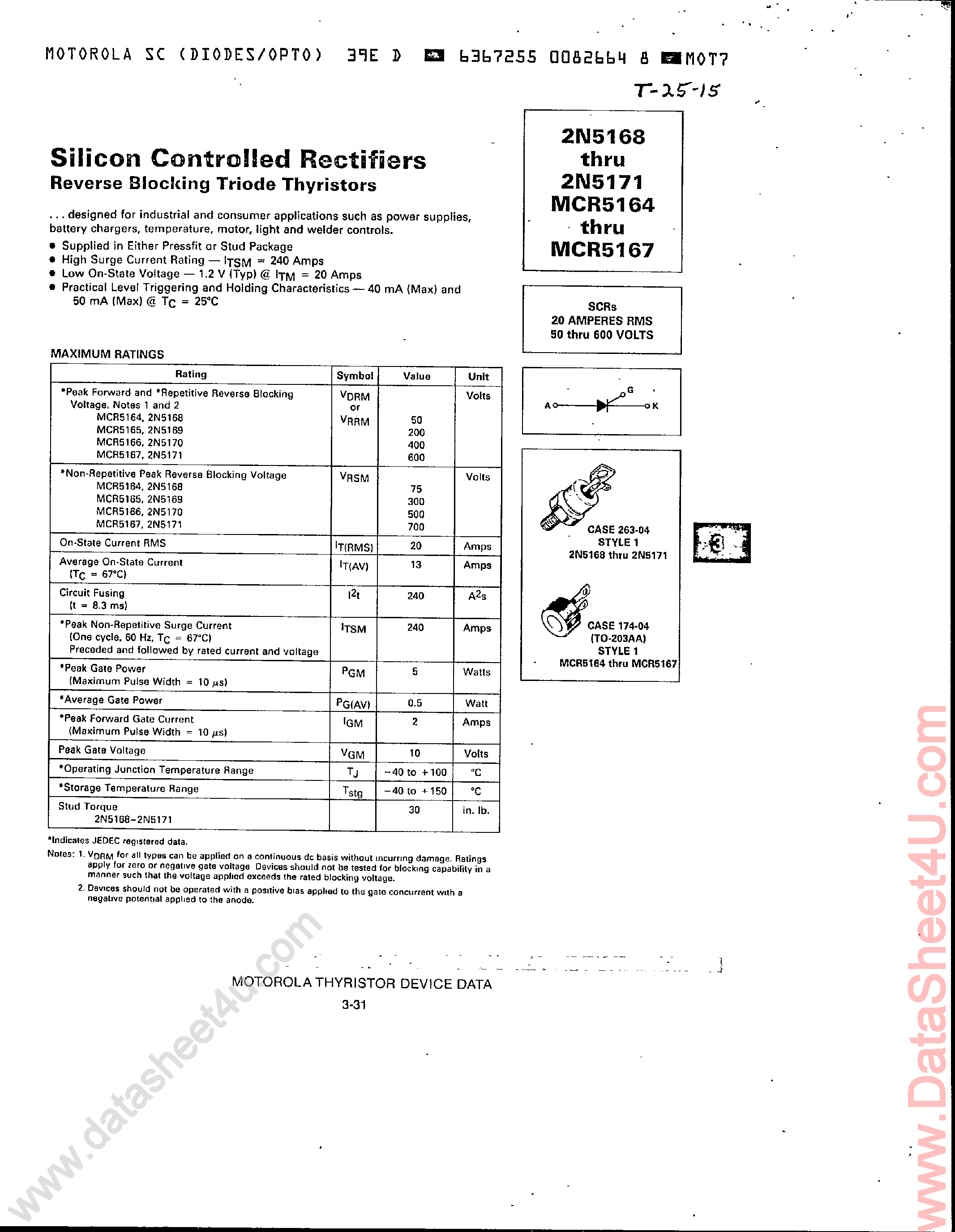 Datasheet MCR516x - Silicon Controlled Rectifiers page 1