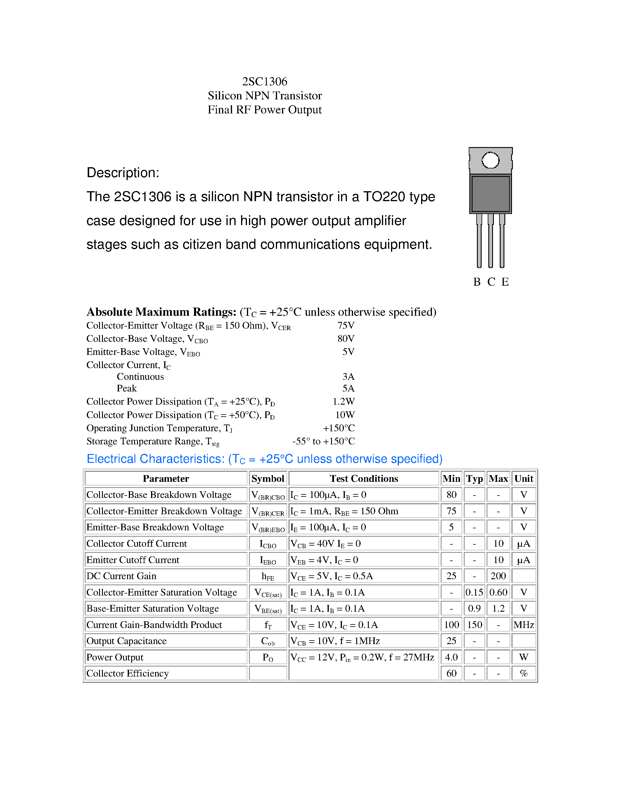 Даташит 2SC1306 - Silicon NPN Transistor Final RF Power Output страница 1