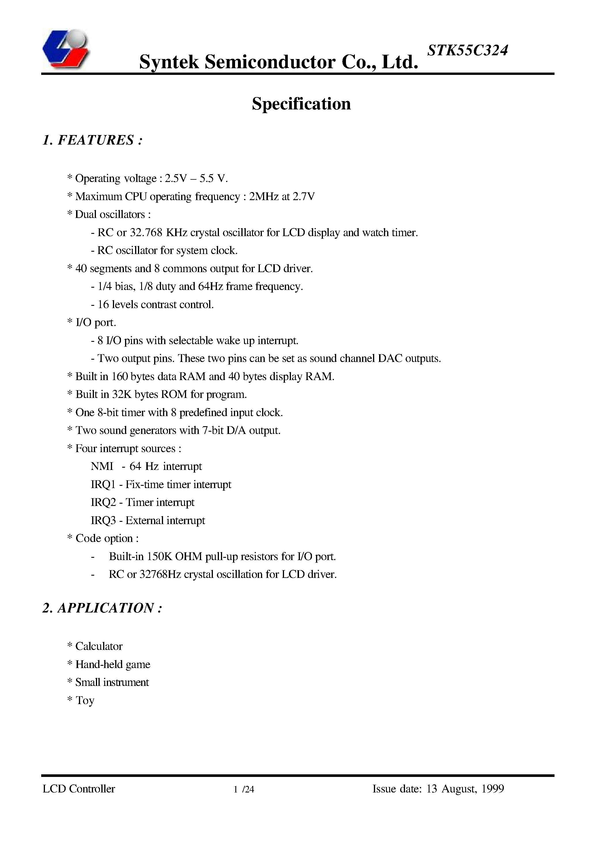 Datasheet STK55C324 - LCD Controller page 1