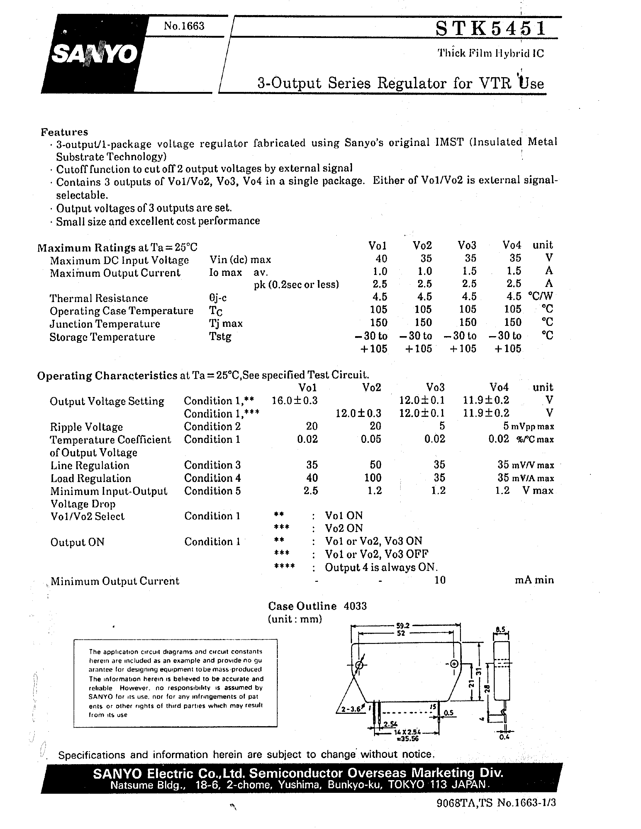 Datasheet STK5451 - 3-Output Series Regulator for VTR Use page 1