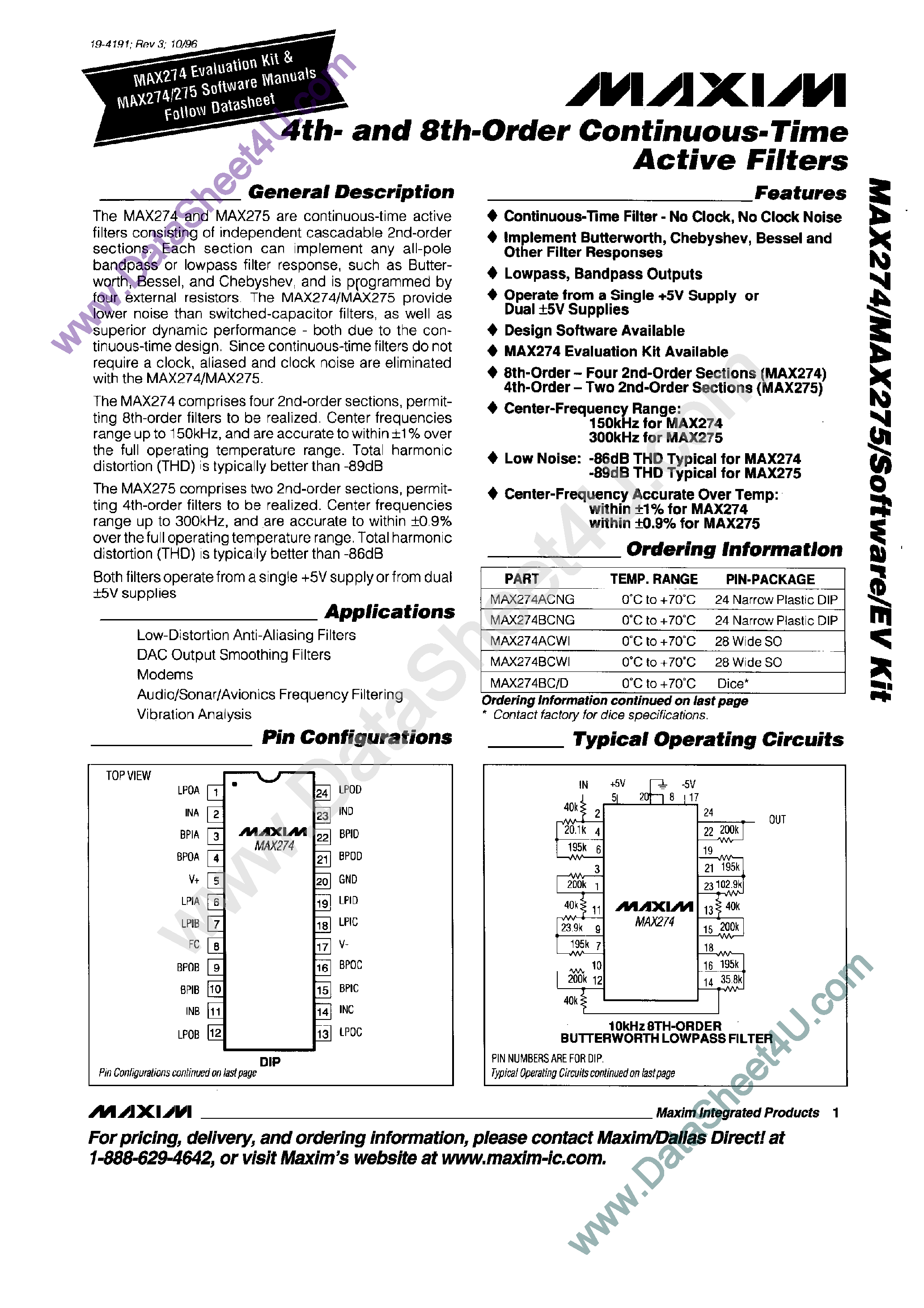 Datasheet MAX274BC/D - 4th- and 8th-Order Contnuous-Time Active Filters page 1