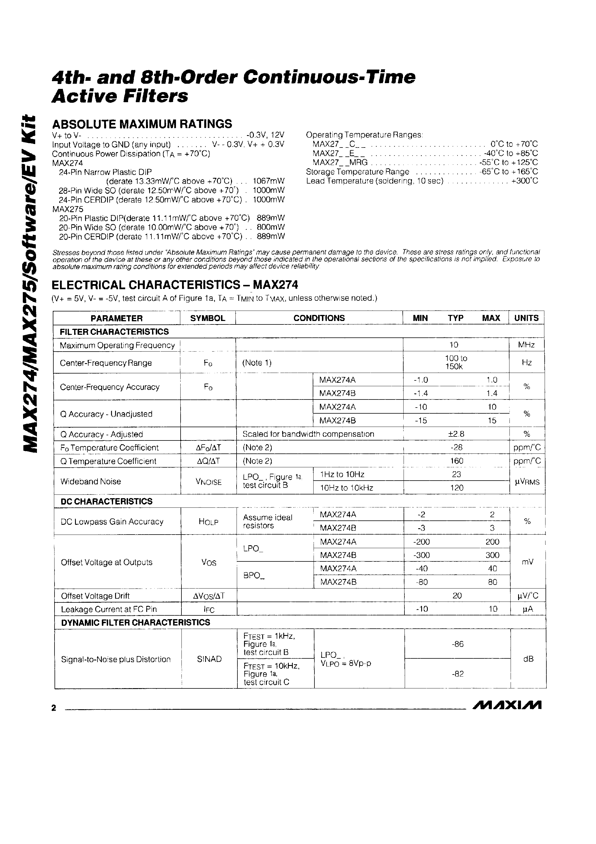 Datasheet MAX274BC/D - 4th- and 8th-Order Contnuous-Time Active Filters page 2