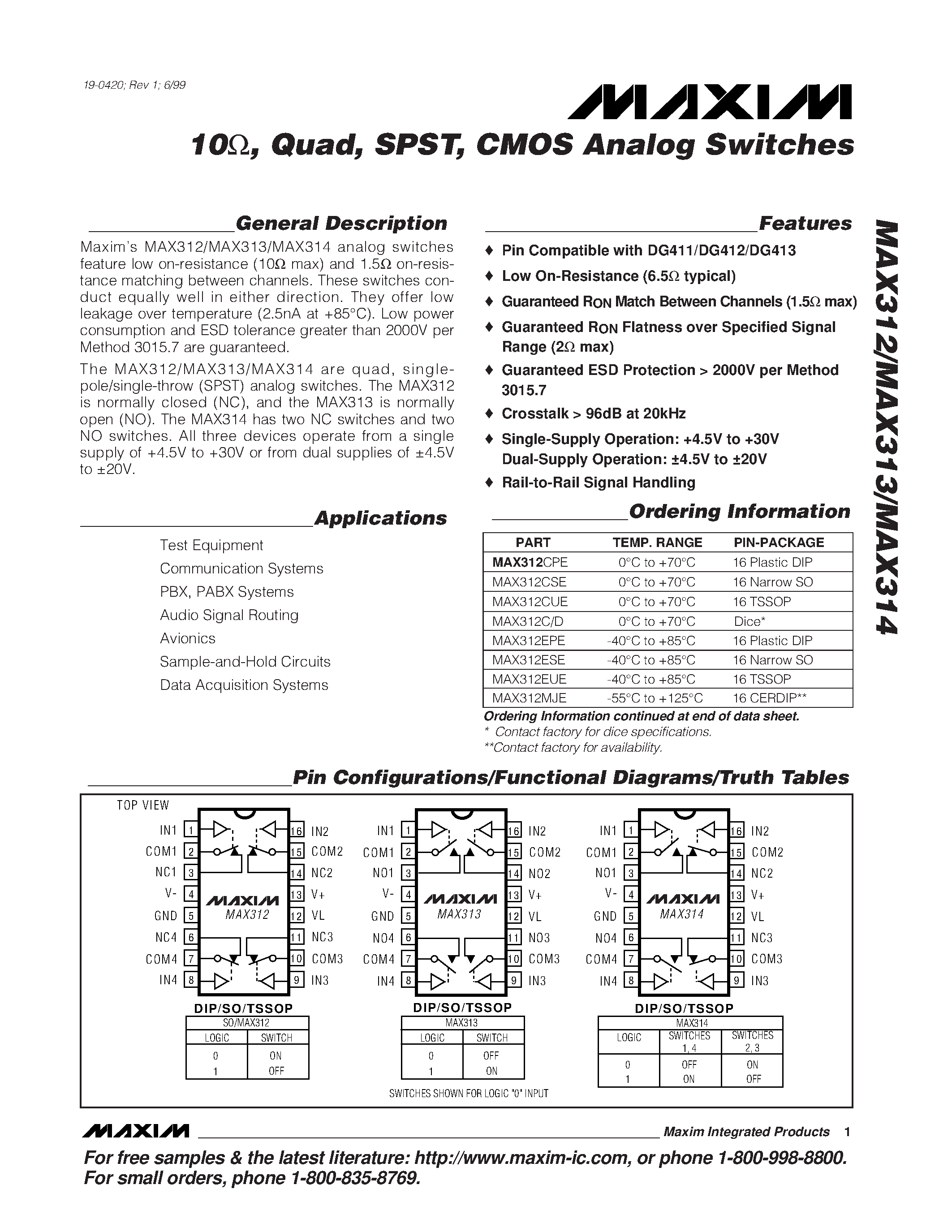 Datasheet MAX312C/D - 10 / Quad / SPST / CMOS Analog Switches page 1