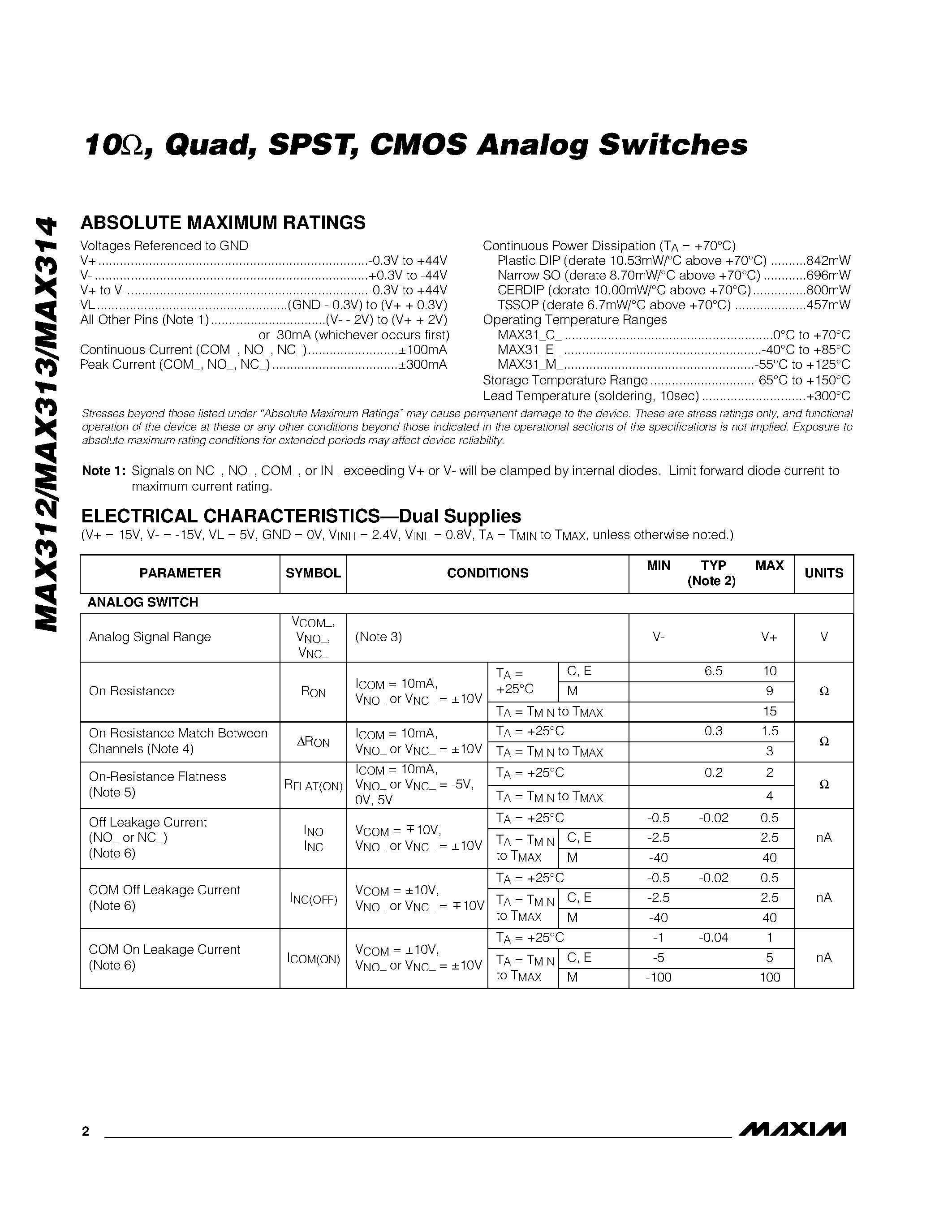 Datasheet MAX312C/D - 10 / Quad / SPST / CMOS Analog Switches page 2