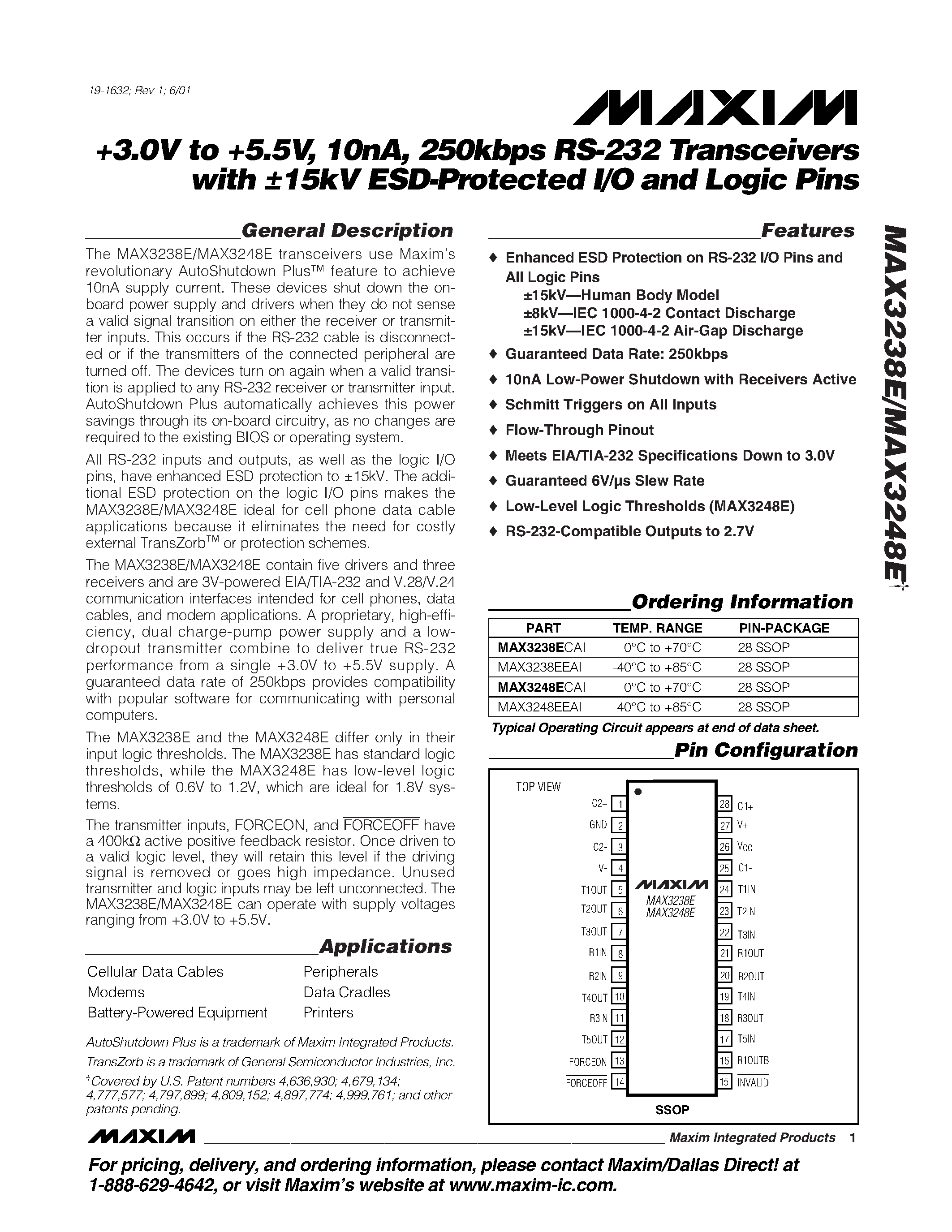 Datasheet MAX3238E - +3.0V to +5.5V / 10nA / 250kbps RS-232 Transceivers with 15kV ESD-Protected I/O and Logic Pins page 1