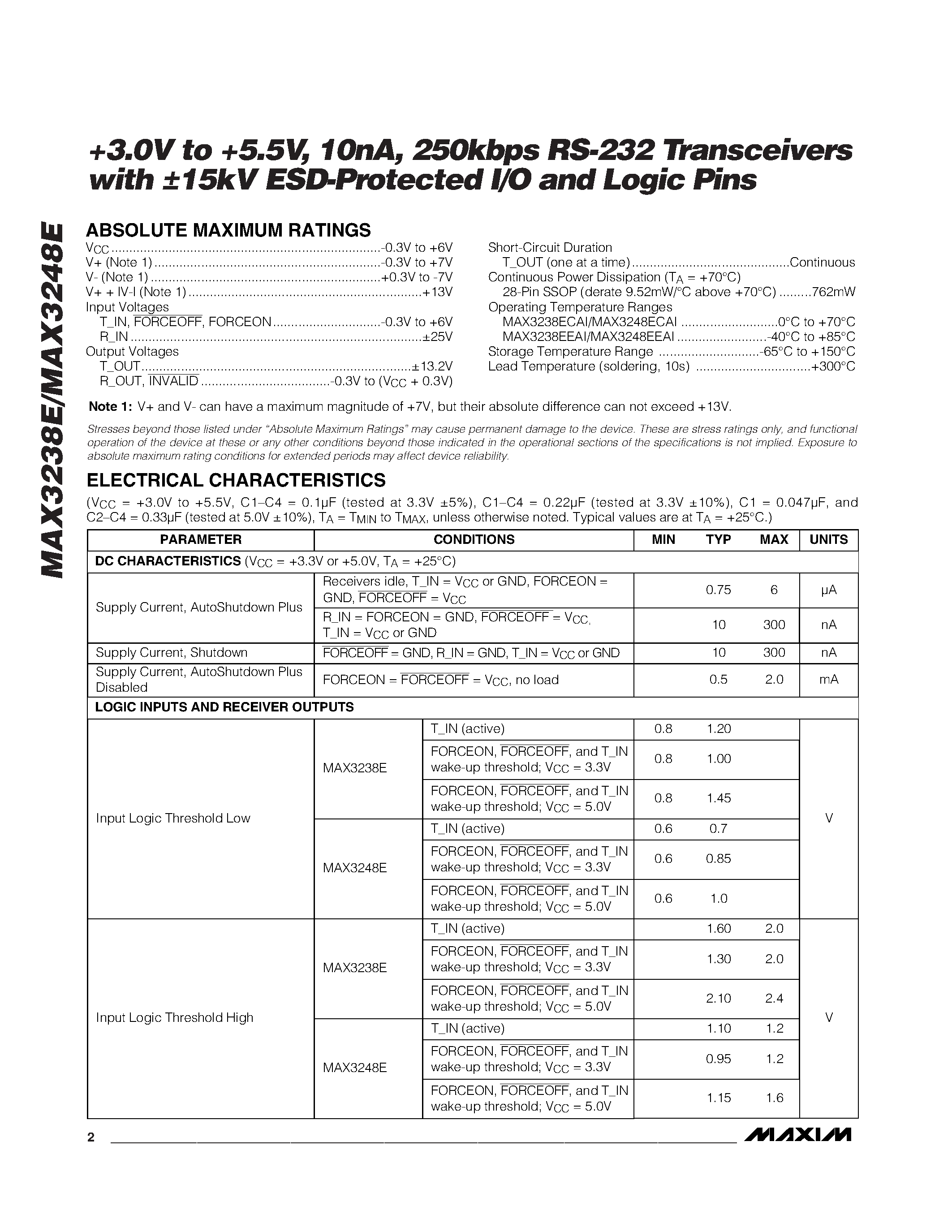 Datasheet MAX3238E - +3.0V to +5.5V / 10nA / 250kbps RS-232 Transceivers with 15kV ESD-Protected I/O and Logic Pins page 2