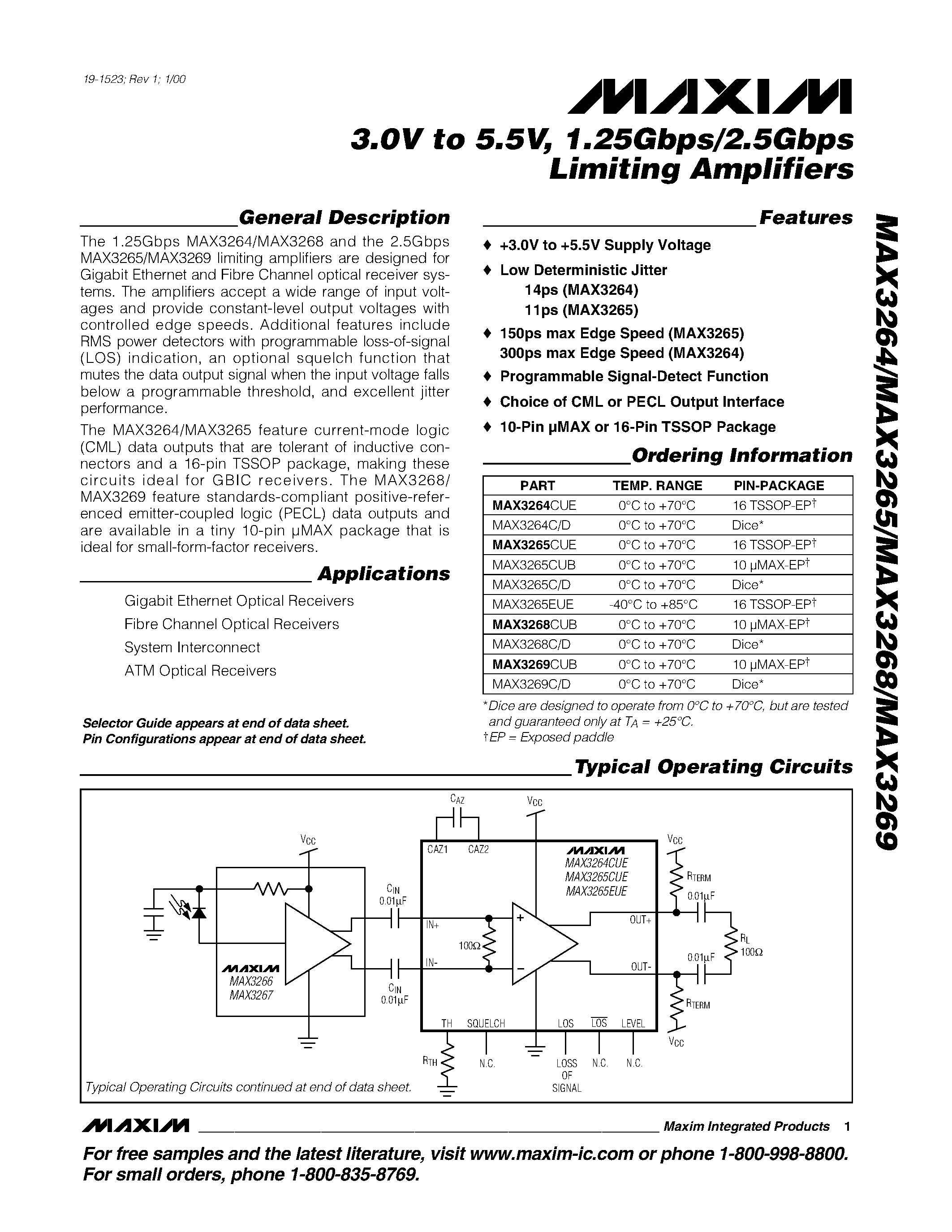 Datasheet MAX3264C/D - 3.0V to 5.5V / 1.25Gbps/2.5Gbps Limiting Amplifiers page 1