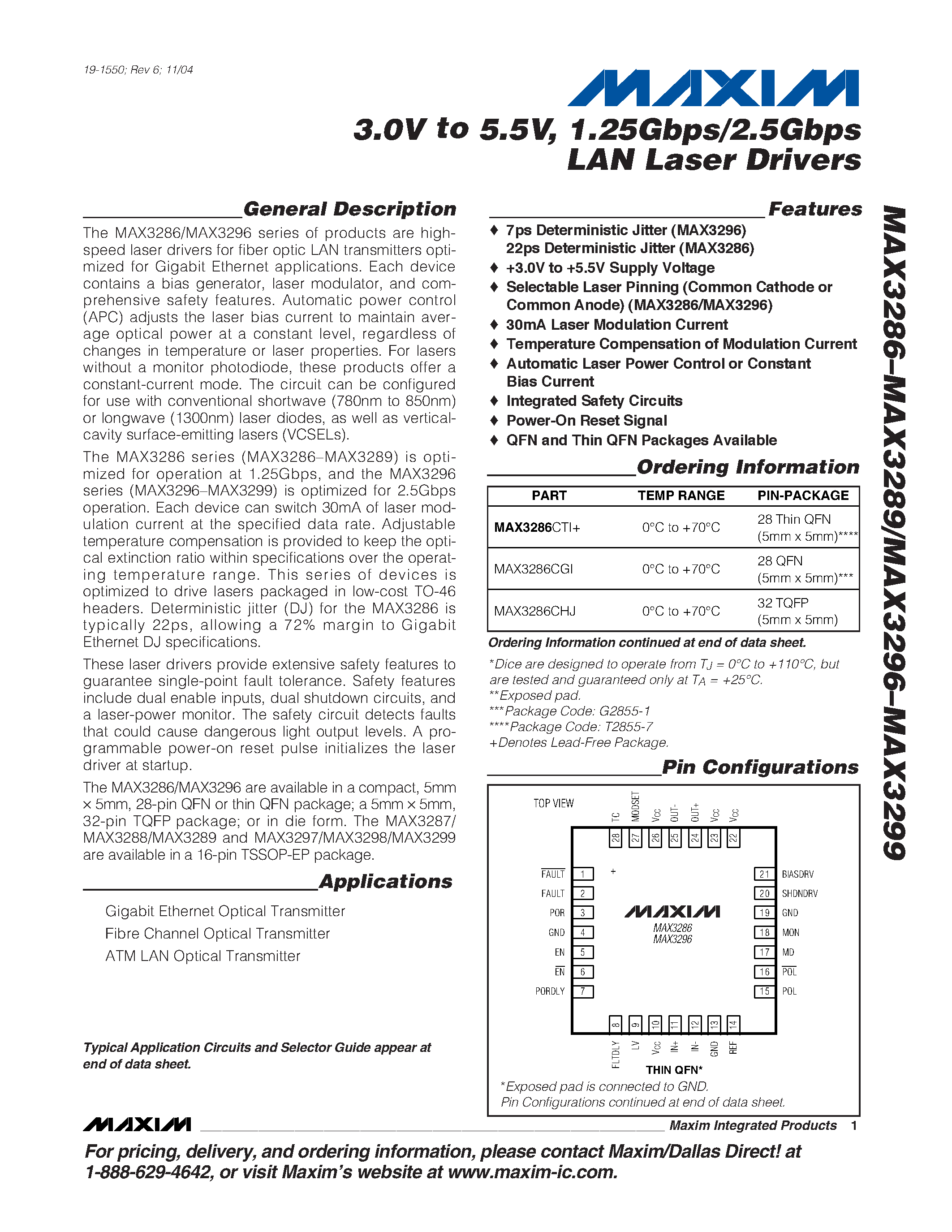 Datasheet MAX3286C/D - 3.0V to 5.5V / 1.25Gbps/2.5Gbps LAN Laser Drivers page 1