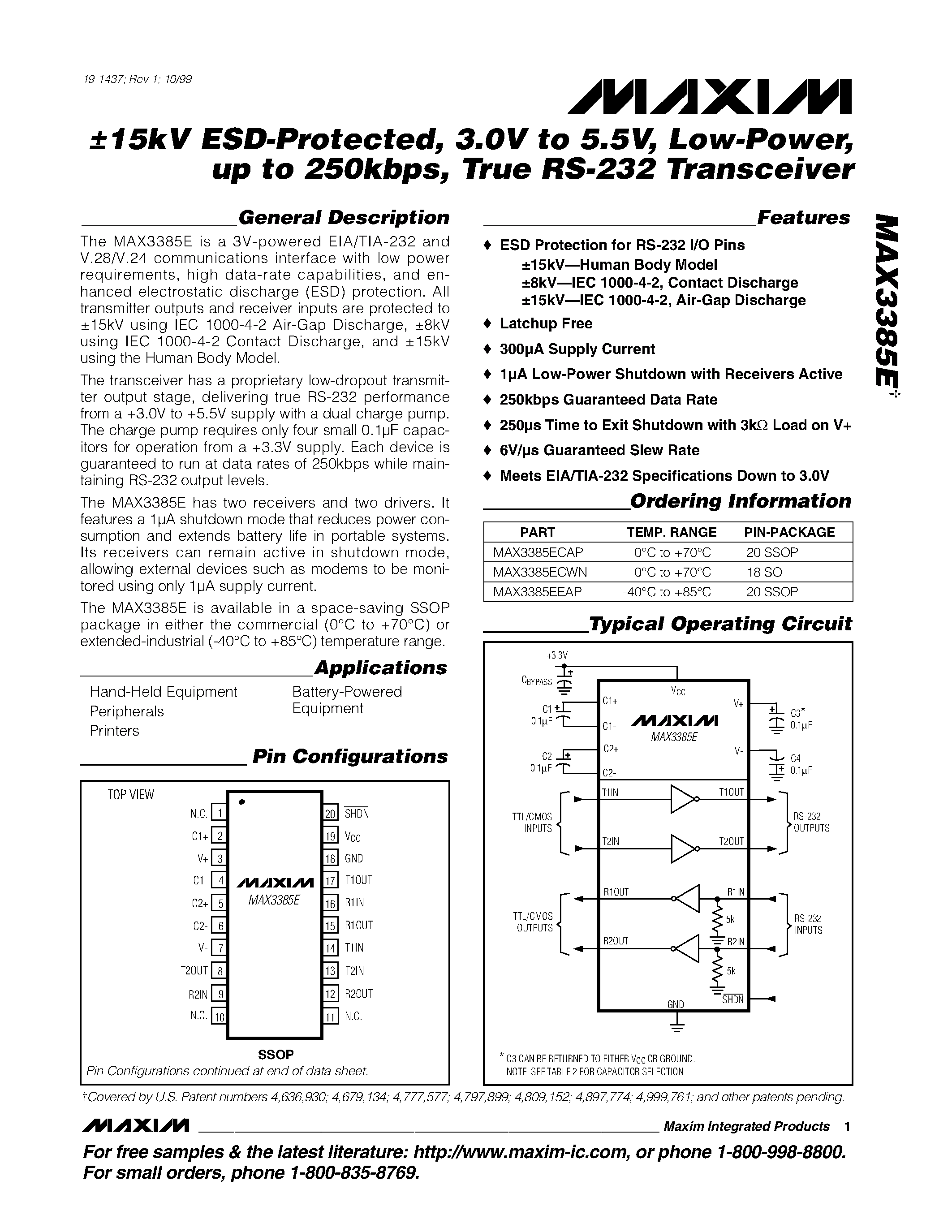 Datasheet MAX338 - +2.35V to +5.5V / 1A / 2Tx/2Rx RS-232 Transceivers with 15kV ESD-Protected I/O and Logic Pins page 1