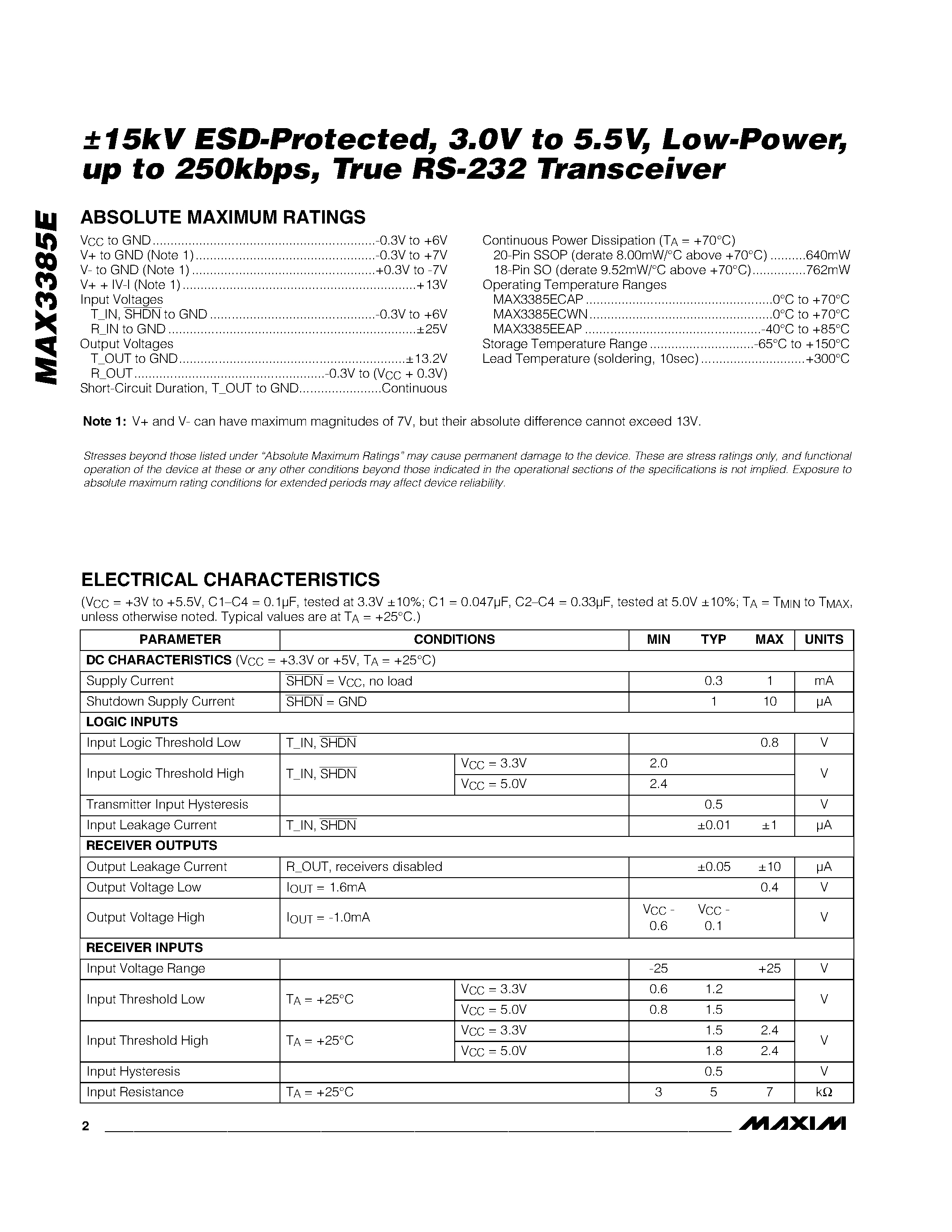 Datasheet MAX338 - +2.35V to +5.5V / 1A / 2Tx/2Rx RS-232 Transceivers with 15kV ESD-Protected I/O and Logic Pins page 2