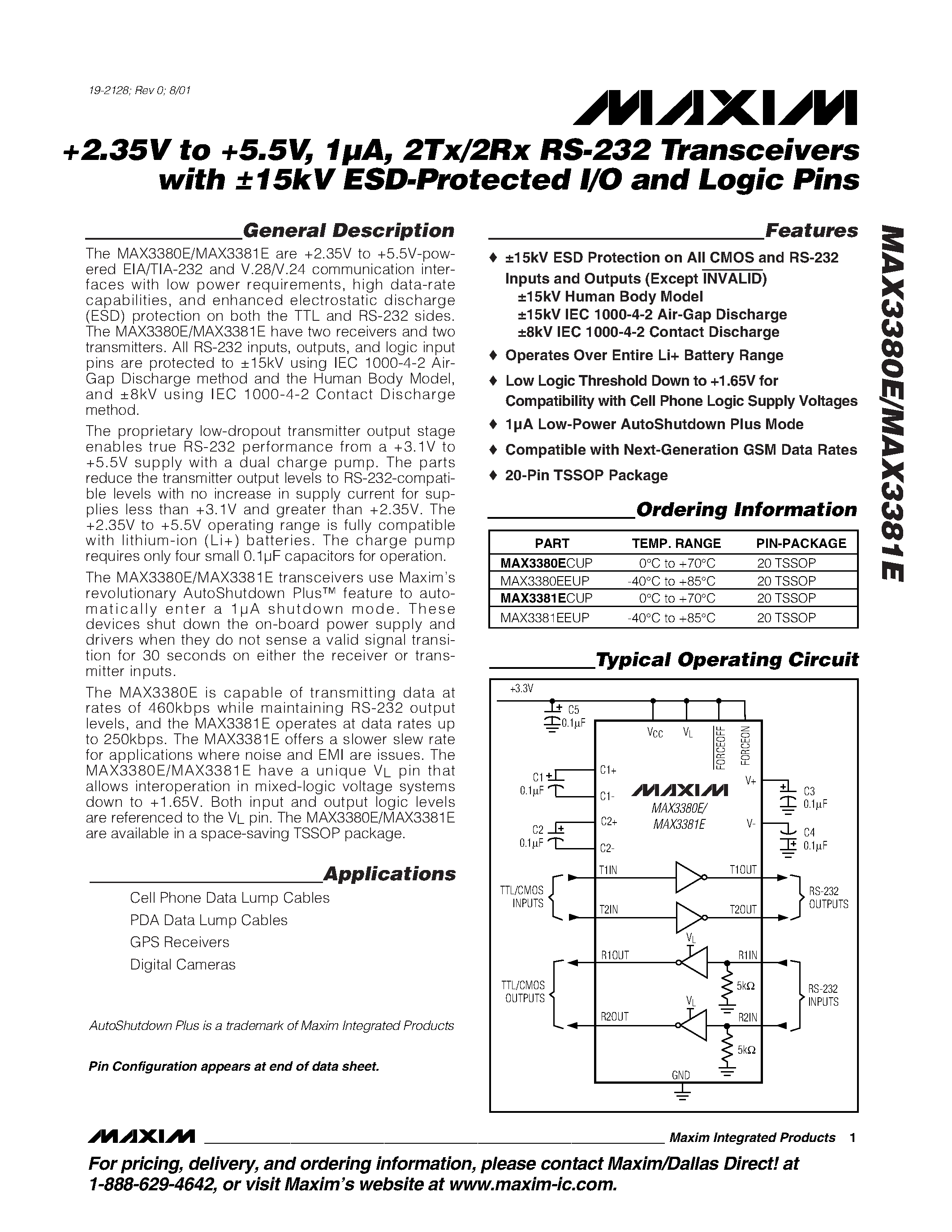 Datasheet MAX3380E - +2.35V to +5.5V / 1A / 2Tx/2Rx RS-232 Transceivers with 15kV ESD-Protected I/O and Logic Pins page 1