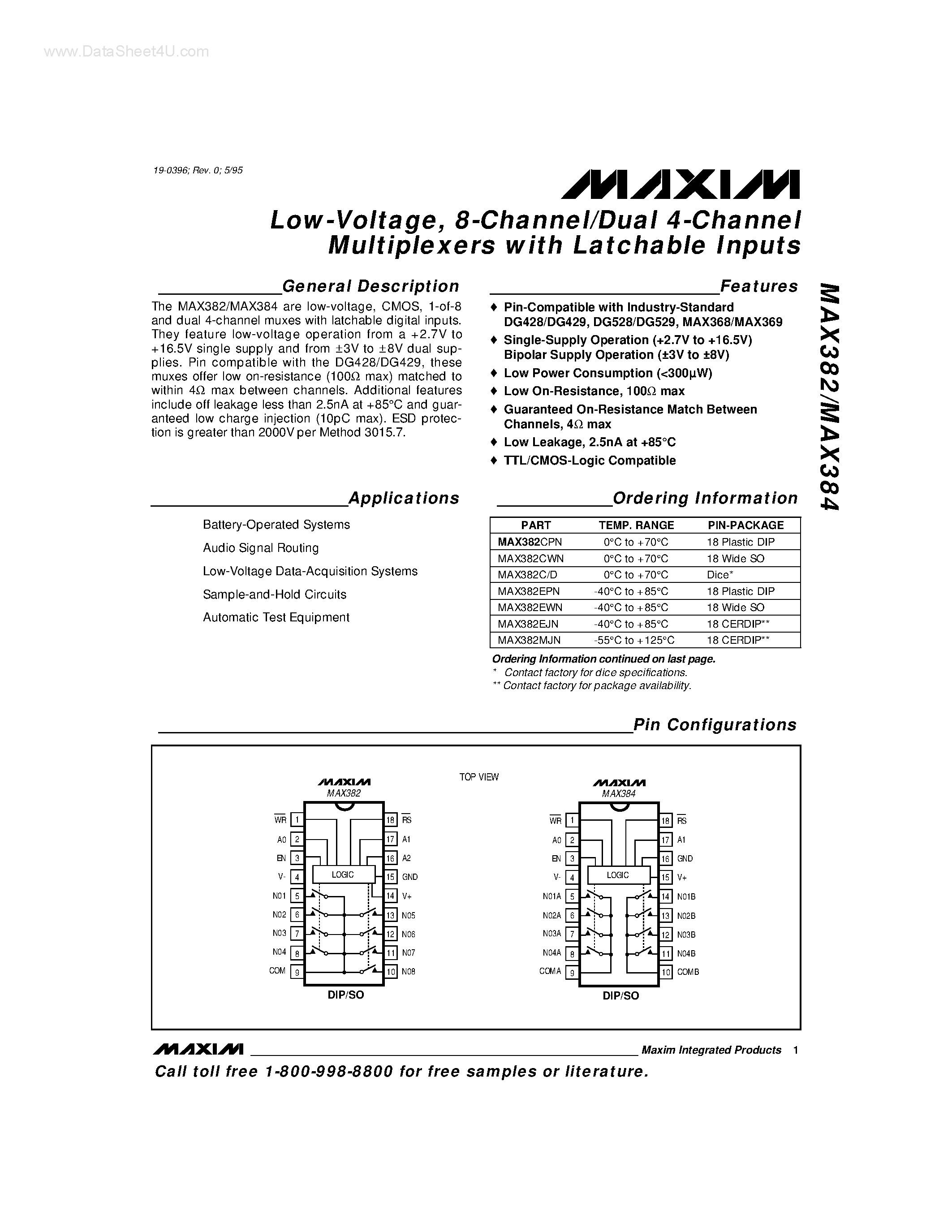 Datasheet MAX384C/D - Low-Voltage / 8-Channel/Dual 4-Channel Multiplexers with Latchable Inputs page 1