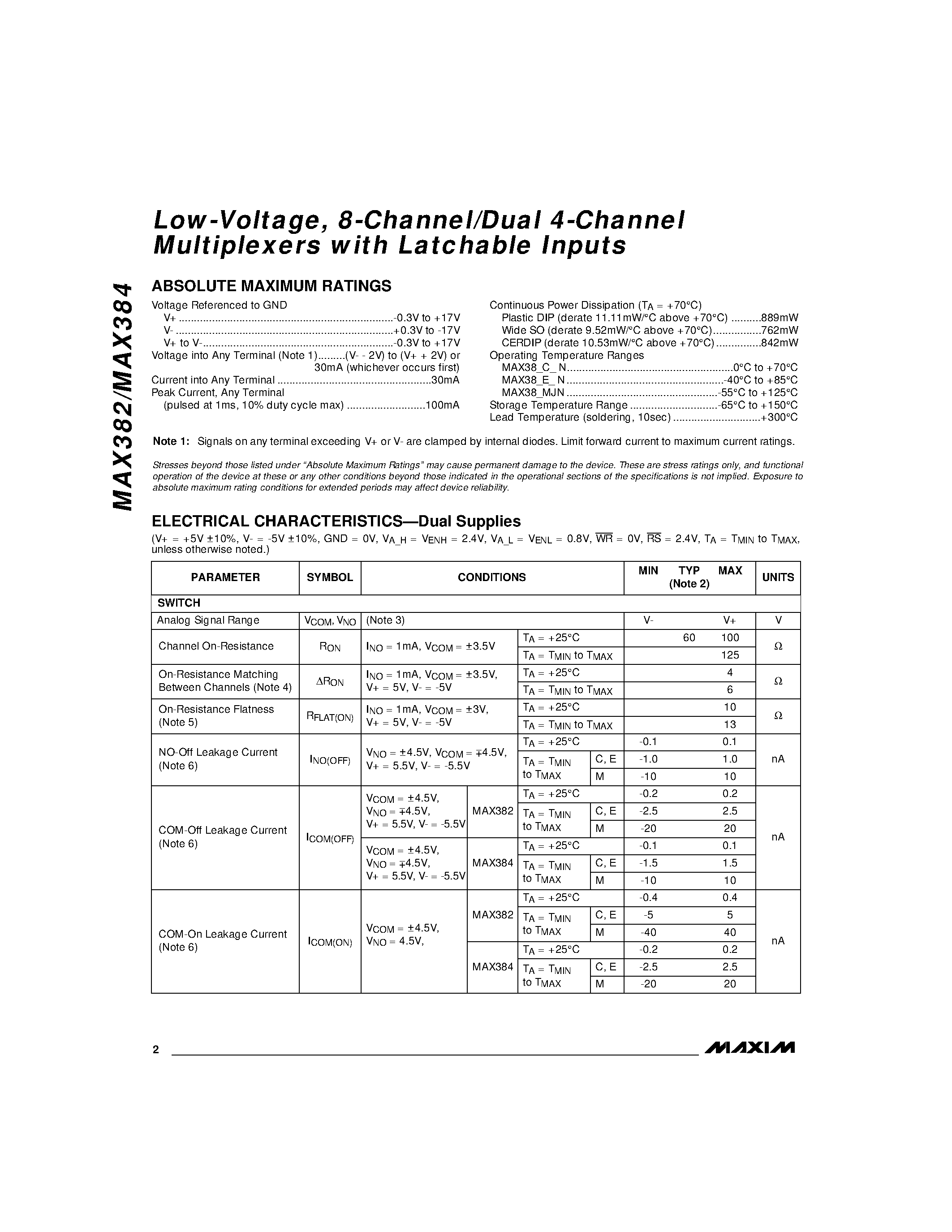 Datasheet MAX384C/D - Low-Voltage / 8-Channel/Dual 4-Channel Multiplexers with Latchable Inputs page 2