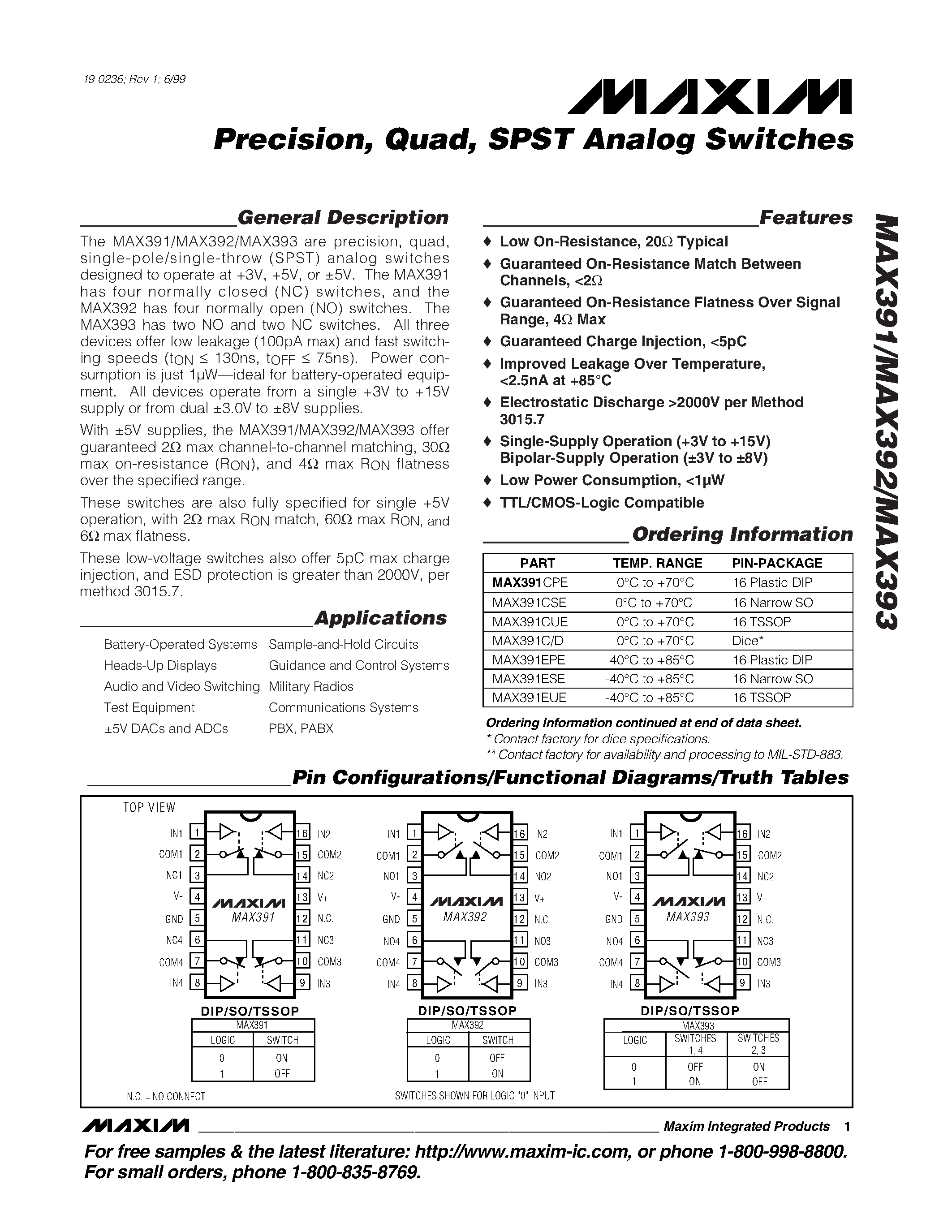 Datasheet MAX391C/D - Precision / Quad / SPST Analog Switches page 1