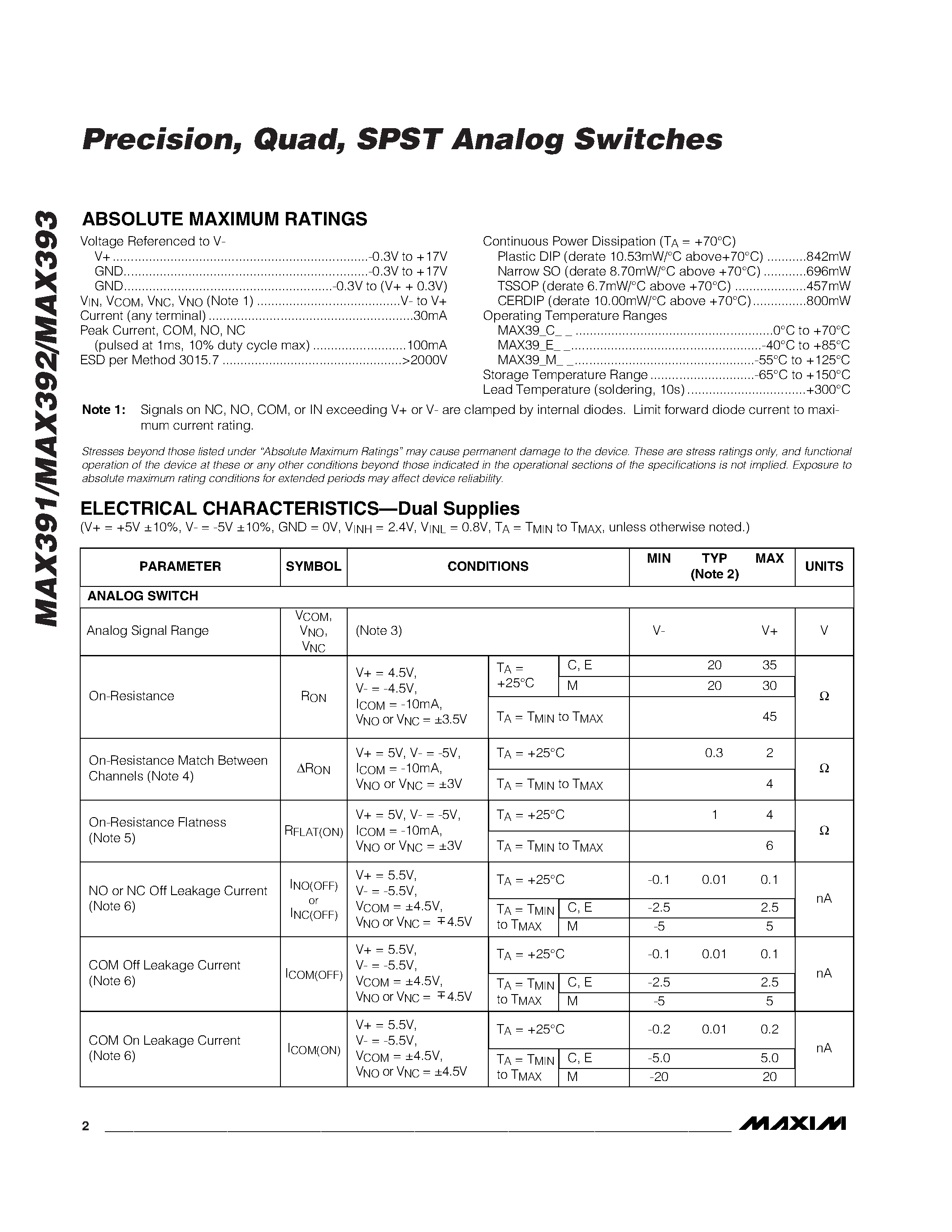 Datasheet MAX391C/D - Precision / Quad / SPST Analog Switches page 2