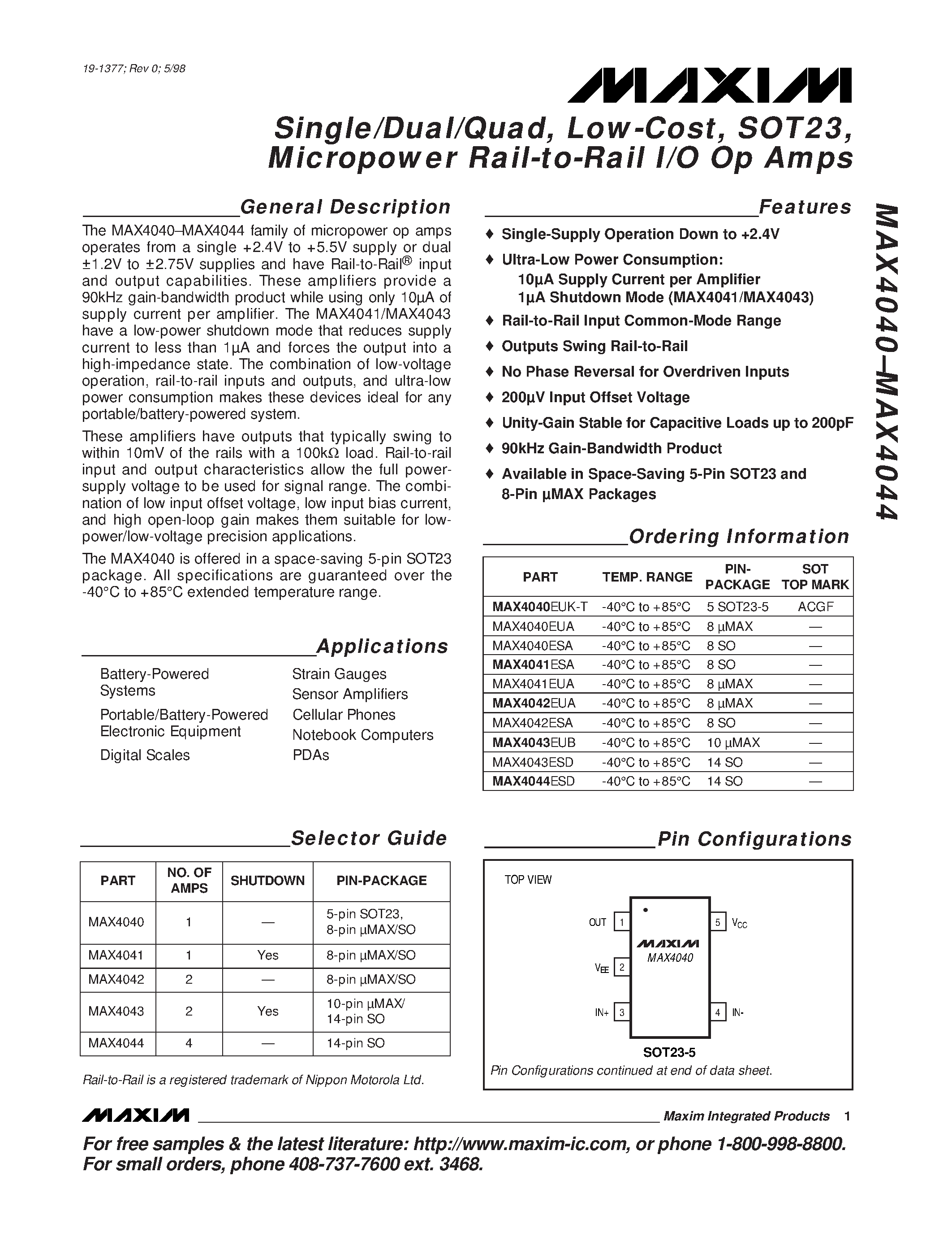 Datasheet MAX4040 - Single/Dual/Quad / Low-Cost / SOT23 / Micropower Rail-to-Rail I/O Op Amps page 1