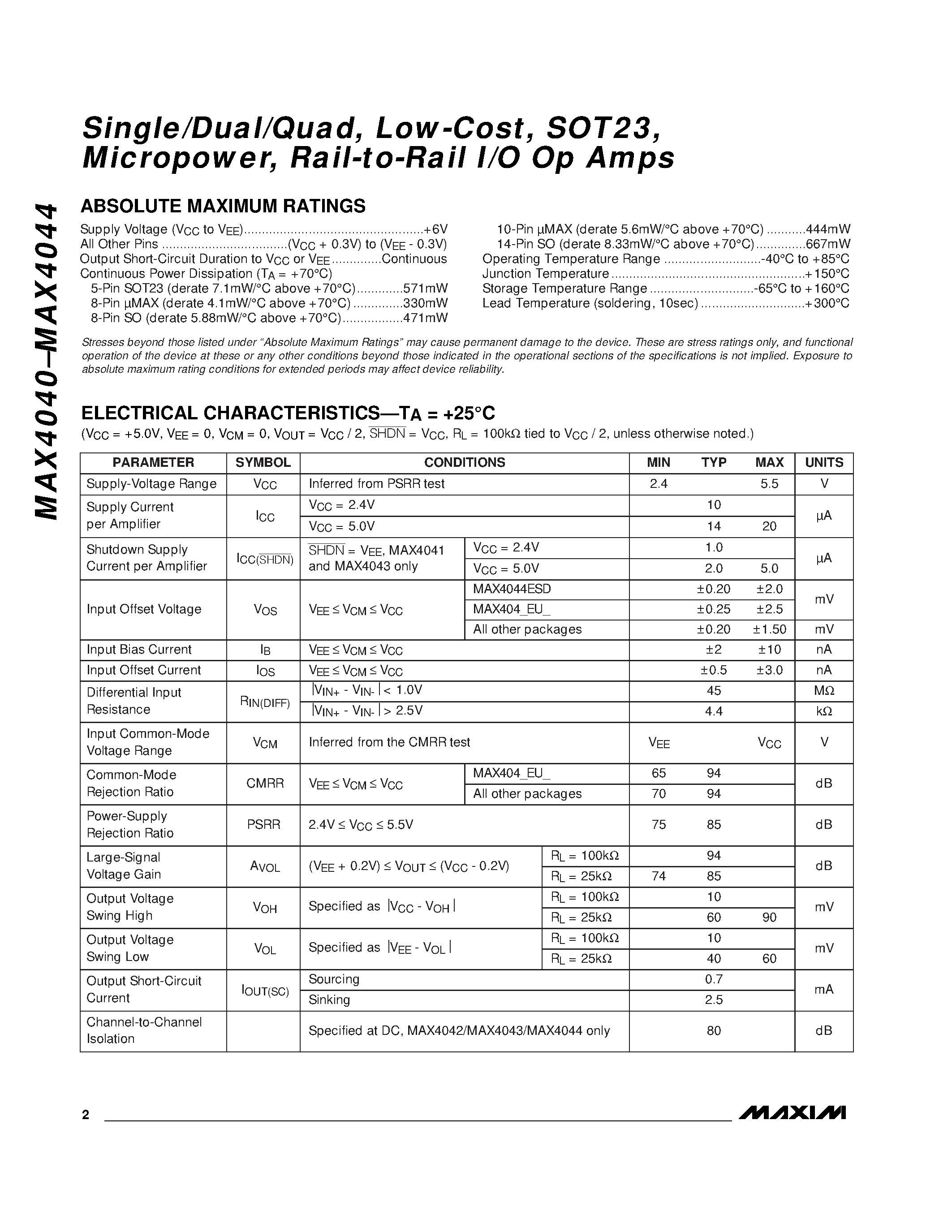 Datasheet MAX4040 - Single/Dual/Quad / Low-Cost / SOT23 / Micropower Rail-to-Rail I/O Op Amps page 2