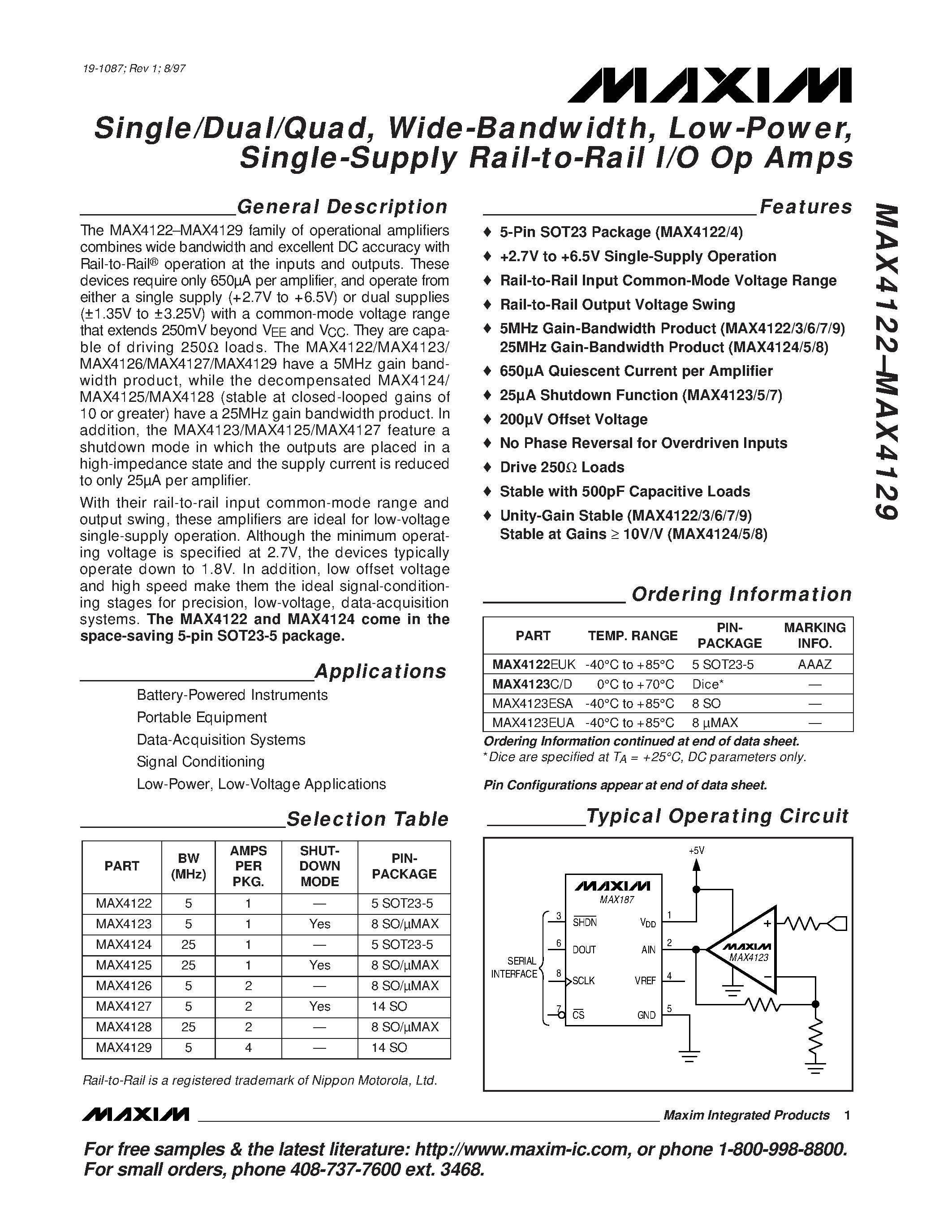 Datasheet MAX4122 - Single/Dual/Quad / Wide-Bandwidth / Low-Power / Single-Supply Rail-to-Rail I/O Op Amps page 1