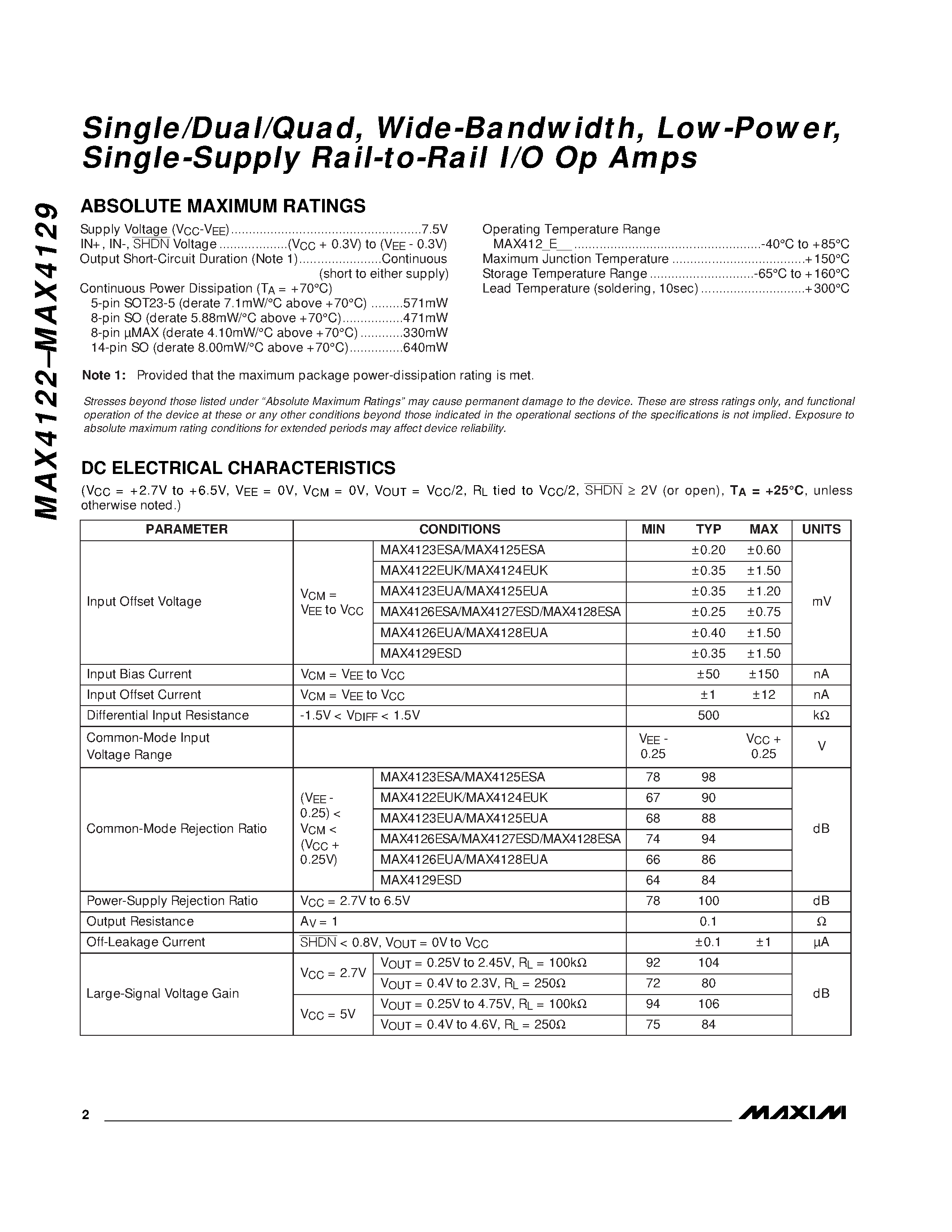 Datasheet MAX4122 - Single/Dual/Quad / Wide-Bandwidth / Low-Power / Single-Supply Rail-to-Rail I/O Op Amps page 2