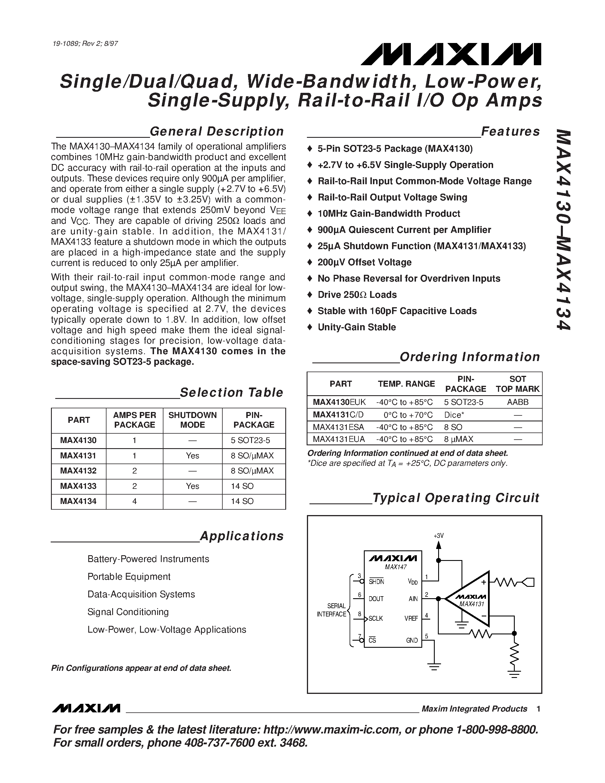 Datasheet MAX4130-MAX4134 - Single/Dual/Quad / Wide-Bandwidth / Low-Power / Single-Supply / Rail-to-Rail I/O Op Amps page 1