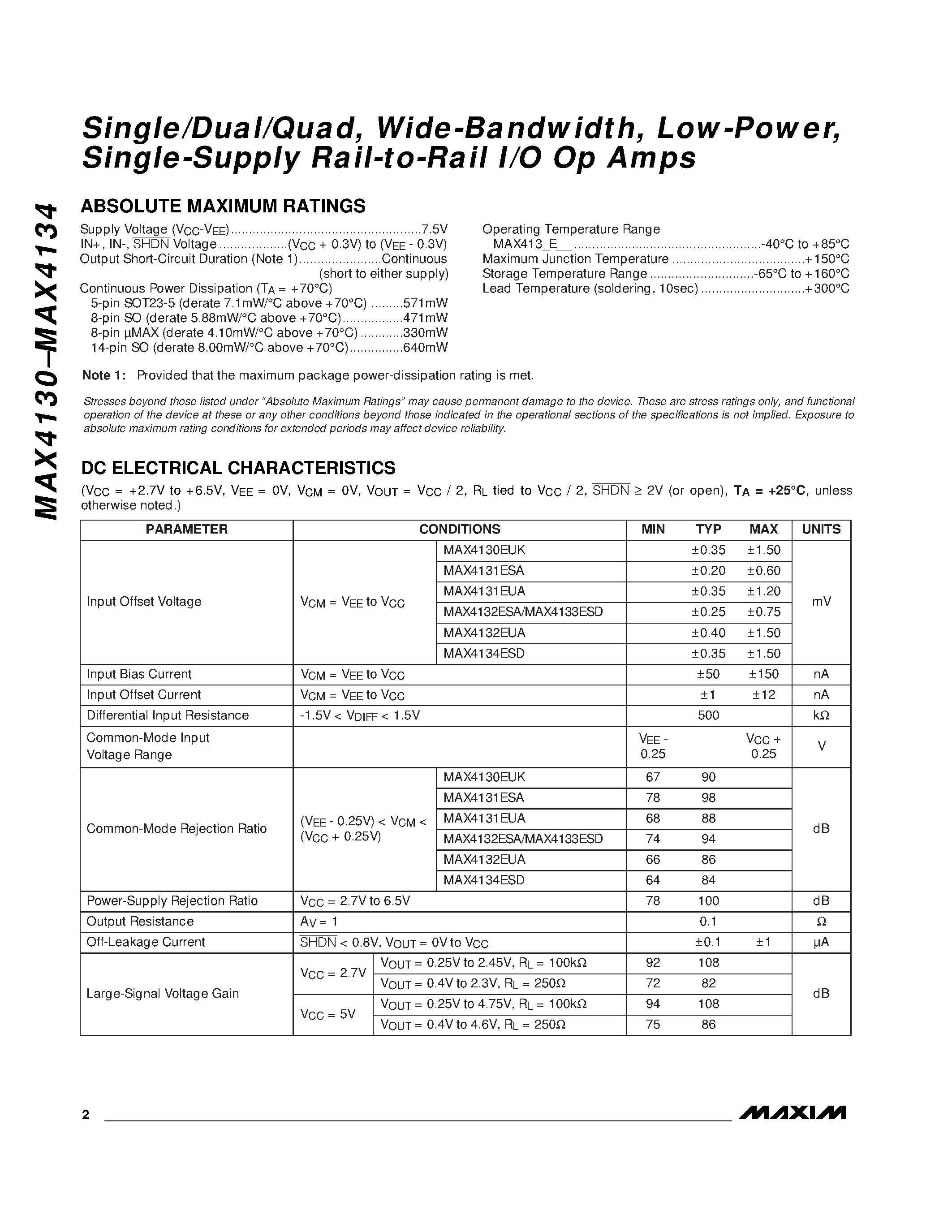 Datasheet MAX4130-MAX4134 - Single/Dual/Quad / Wide-Bandwidth / Low-Power / Single-Supply / Rail-to-Rail I/O Op Amps page 2