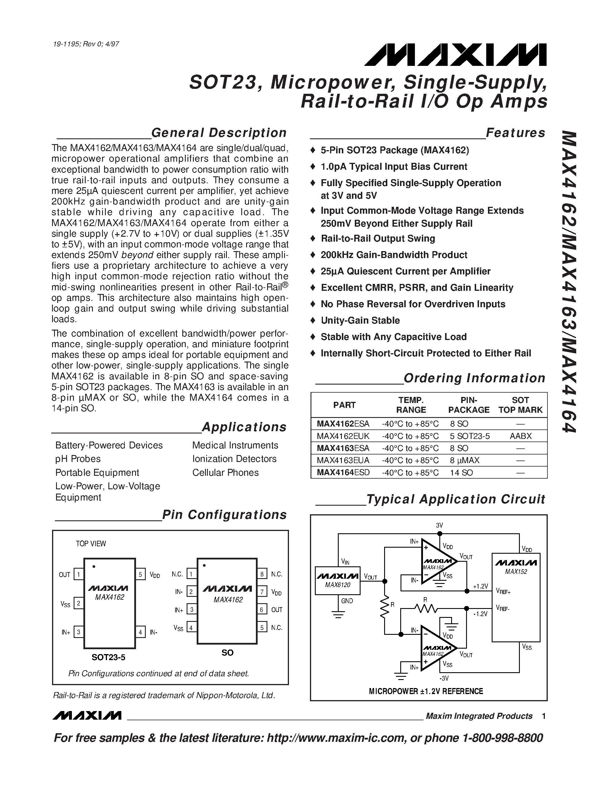 Datasheet MAX4162-MAX4164 - SOT23 / Micropower / Single-Supply / Rail-to-Rail I/O Op Amps page 1