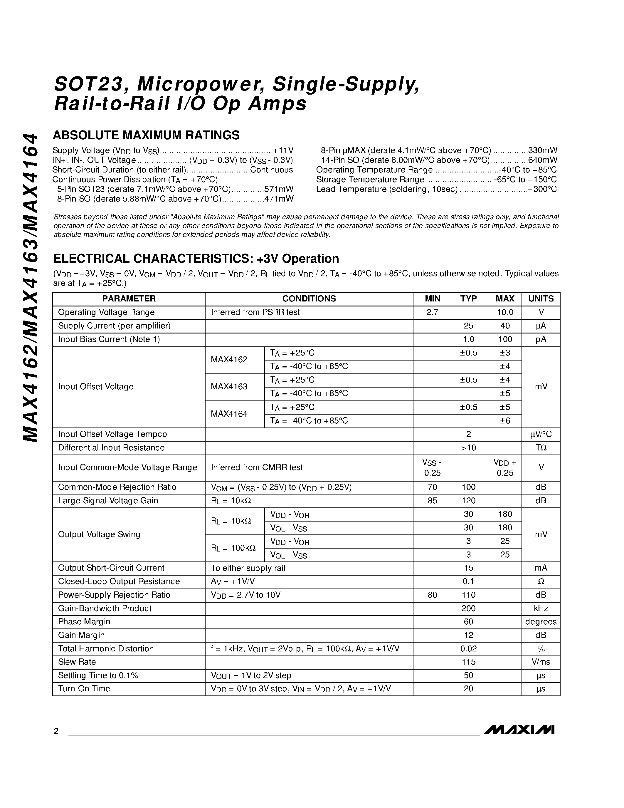 Datasheet MAX4162-MAX4164 - SOT23 / Micropower / Single-Supply / Rail-to-Rail I/O Op Amps page 2