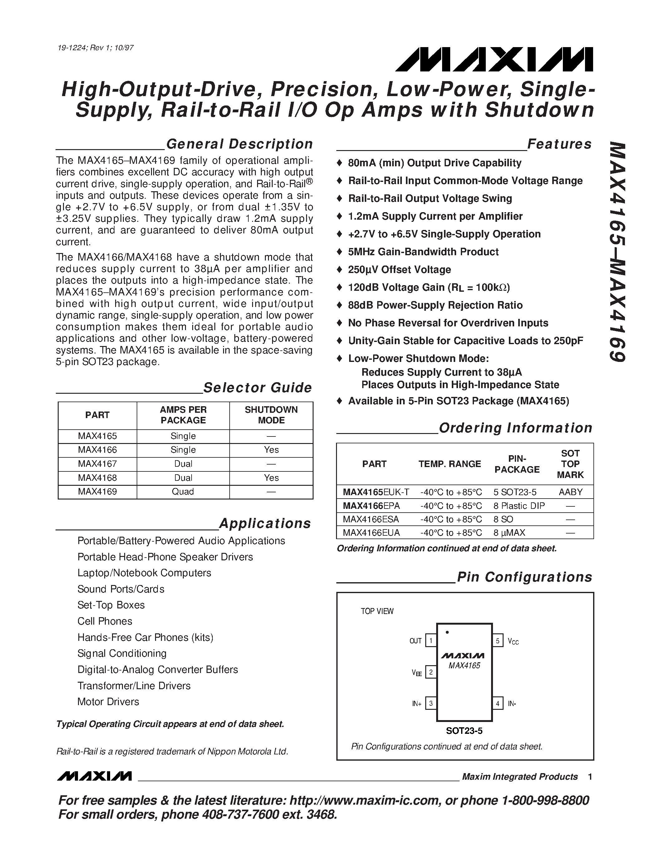 Datasheet MAX4165 - High-Output-Drive / Precision / Low-Power / Single- Supply / Rail-to-Rail I/O Op Amps with Shutdown page 1