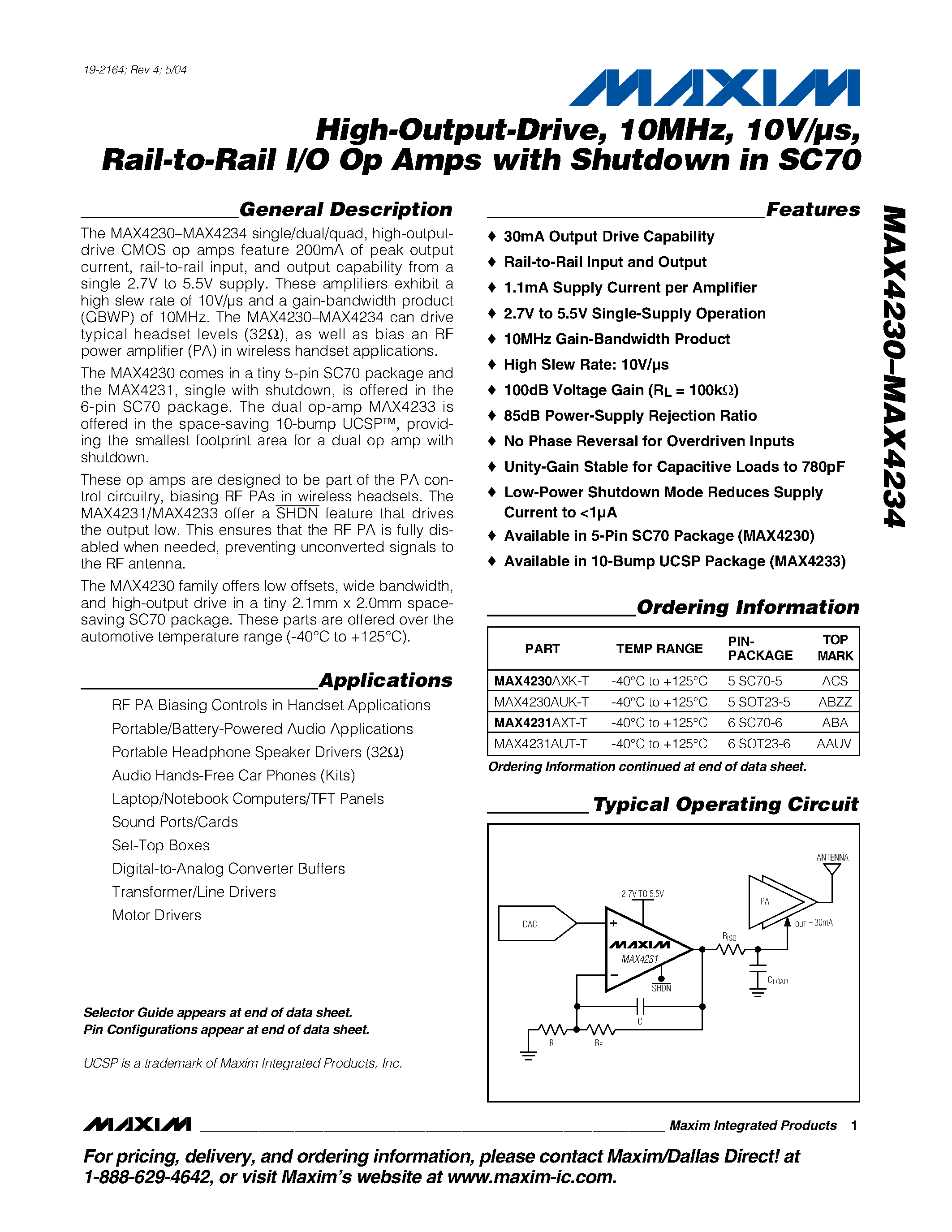 Datasheet MAX4230 - High-Output-Drive / 10MHz / 10V/Us / Rail-to-Rail I/O Op Amps with Shutdown in SC70 page 1