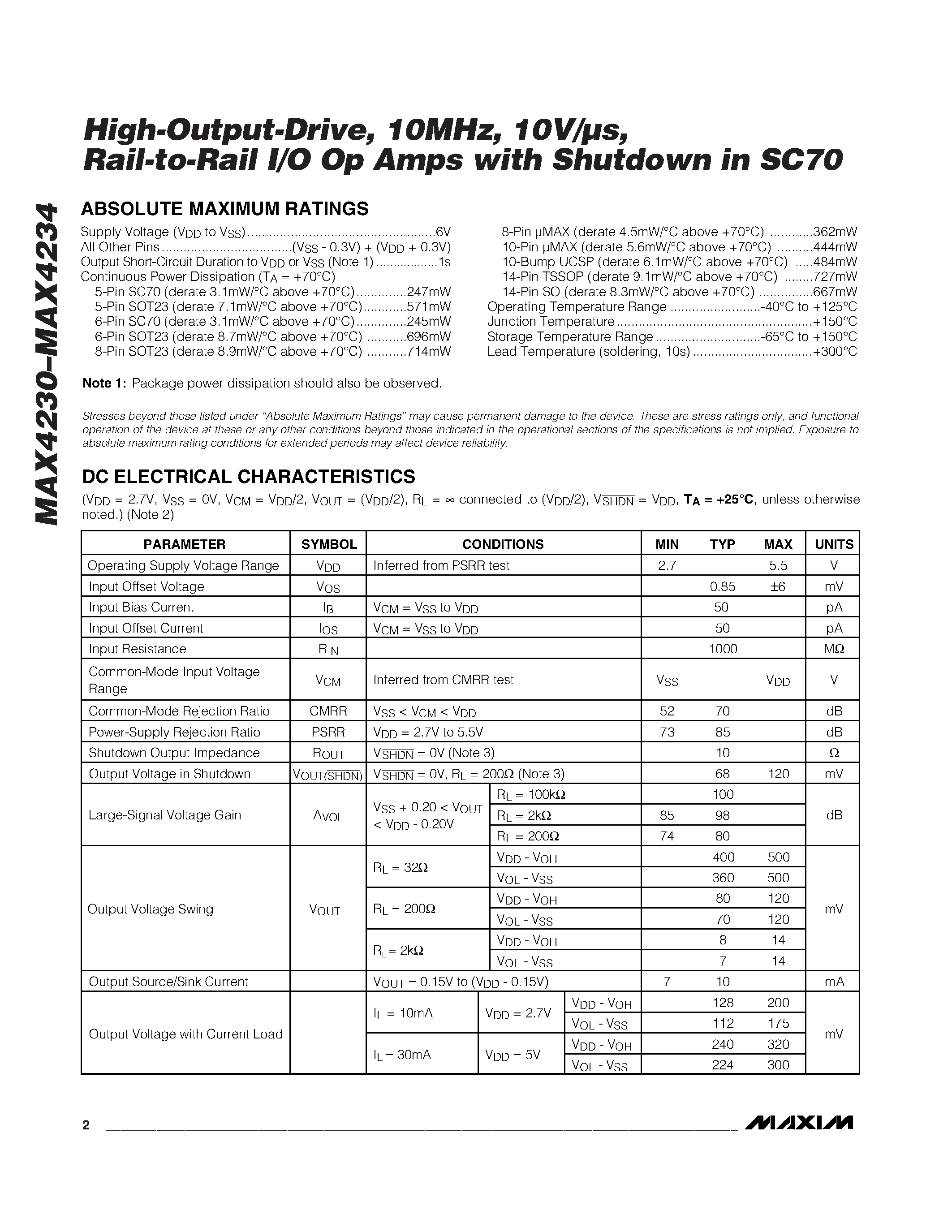 Datasheet MAX4230 - High-Output-Drive / 10MHz / 10V/Us / Rail-to-Rail I/O Op Amps with Shutdown in SC70 page 2