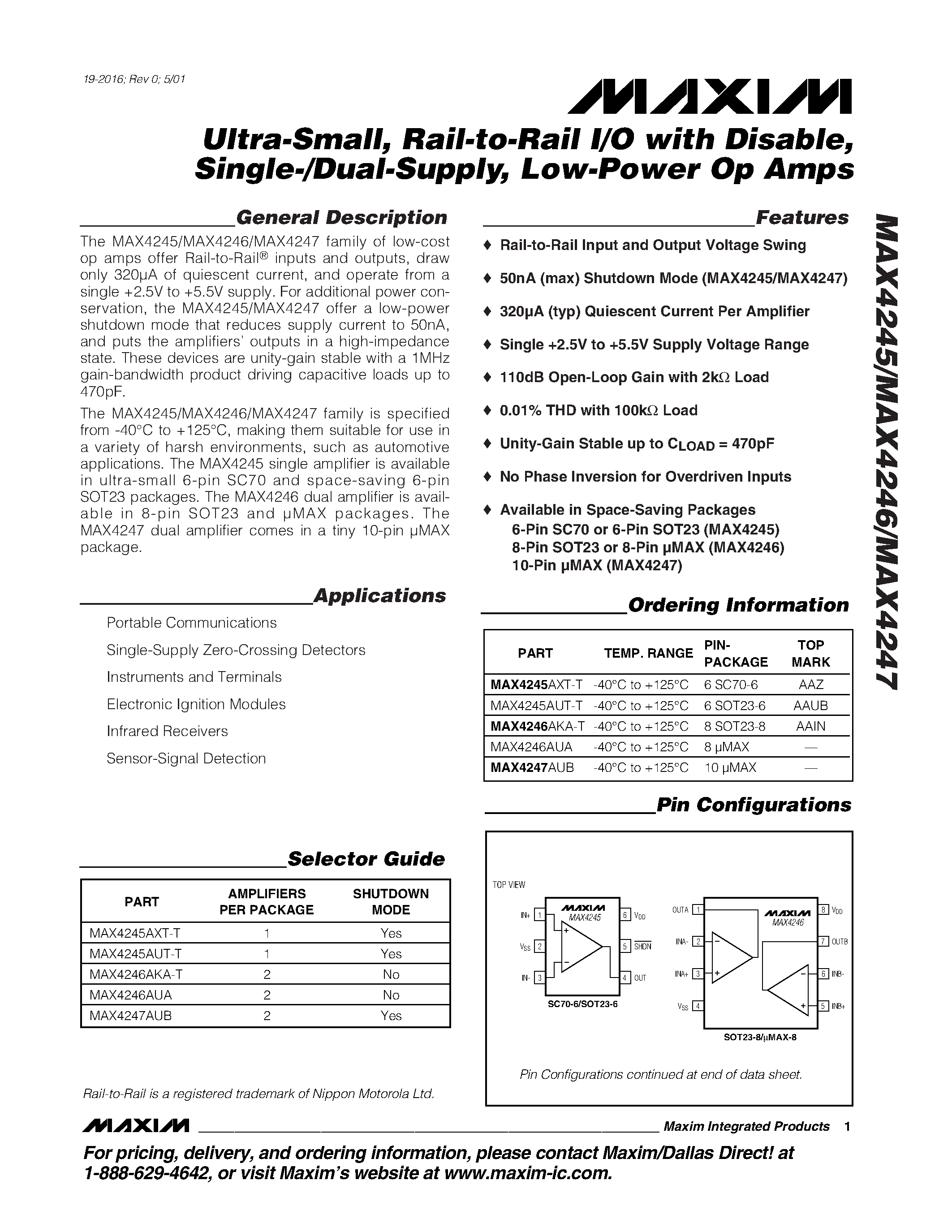 Datasheet MAX4245 - Ultra-Small / Rail-to-Rail I/O with Disable / Single-/Dual-Supply / Low-Power Op Amps page 1