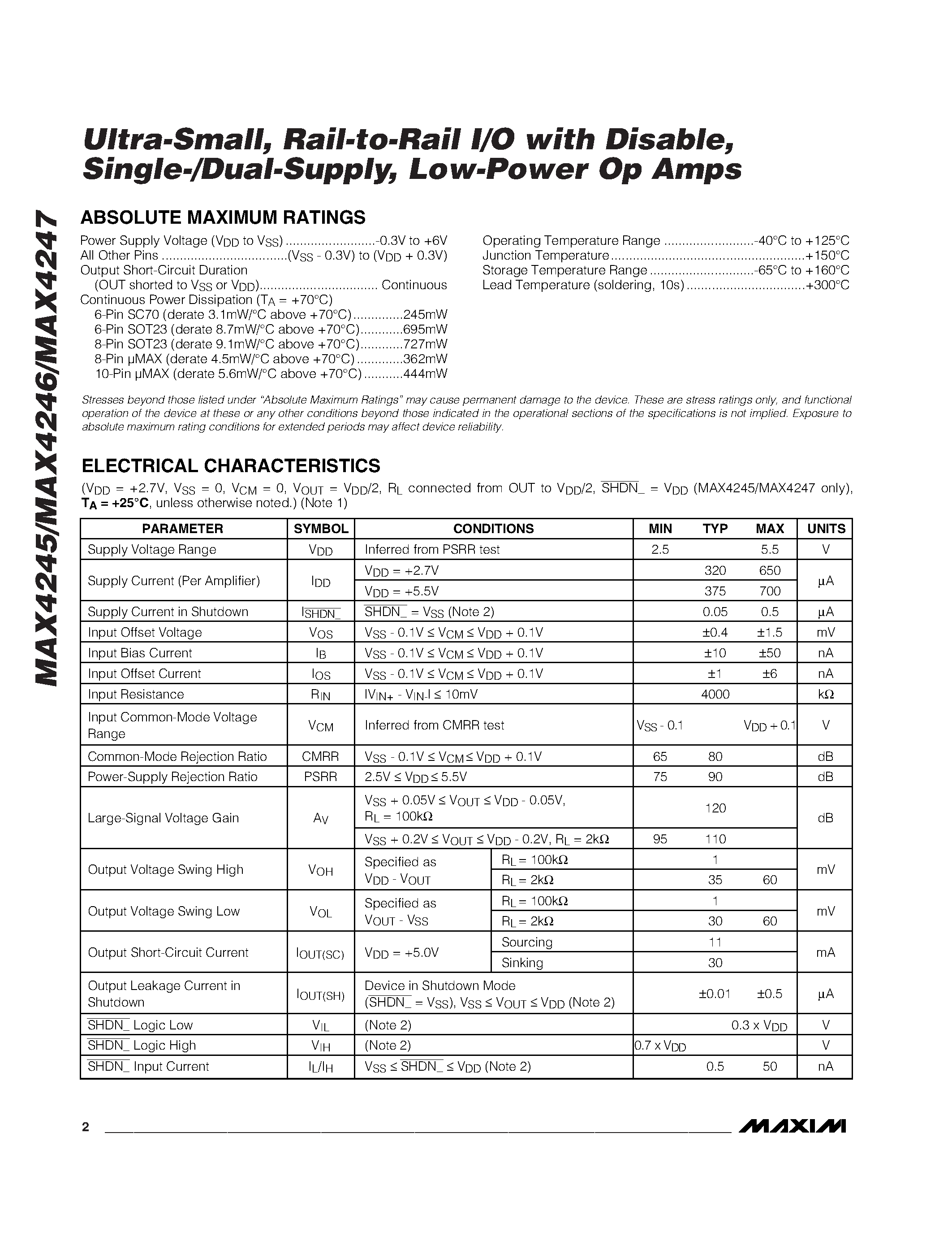 Datasheet MAX4245 - Ultra-Small / Rail-to-Rail I/O with Disable / Single-/Dual-Supply / Low-Power Op Amps page 2