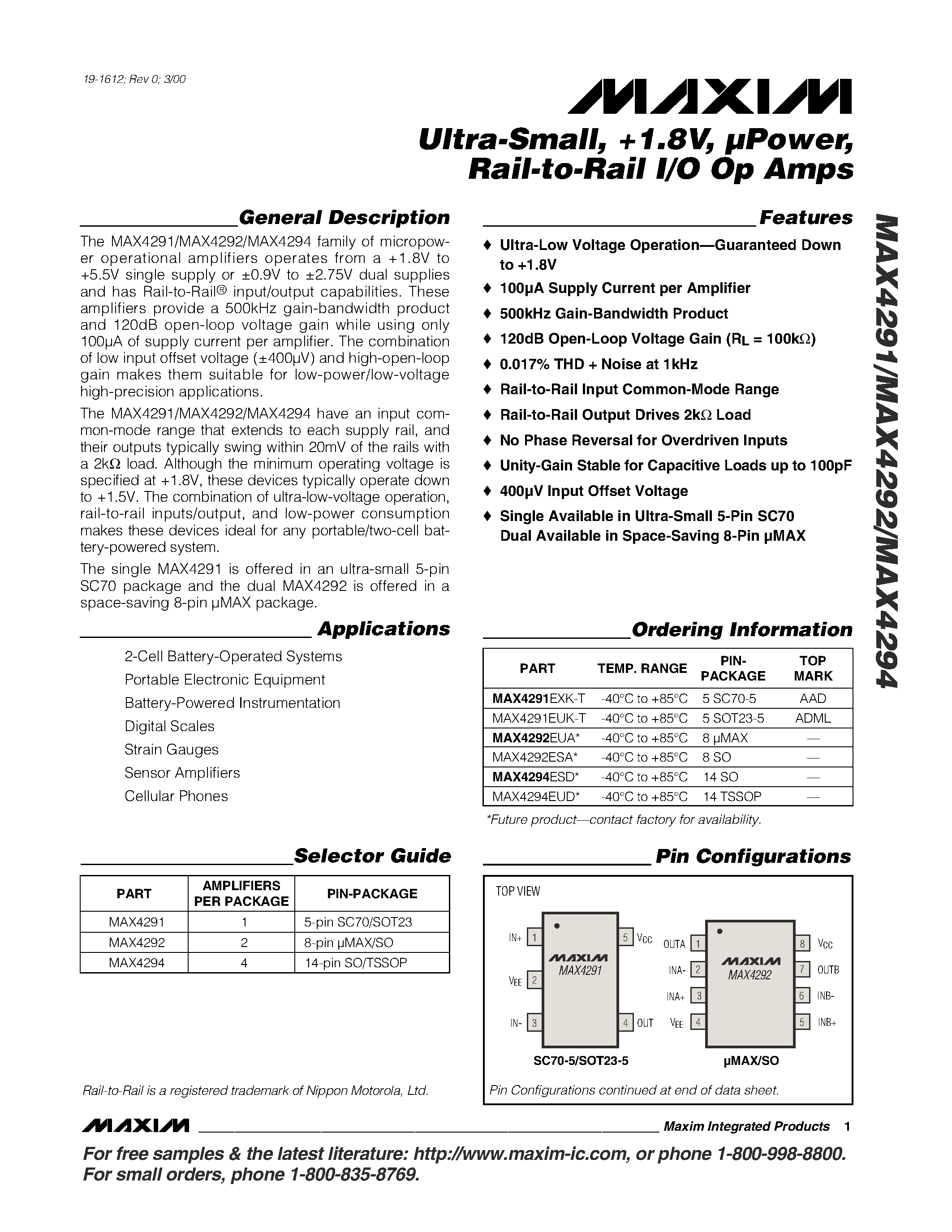 Datasheet MAX4291 - Ultra-Small / !.8V / Power / Rail-to-Rail I/O Op Amps page 1