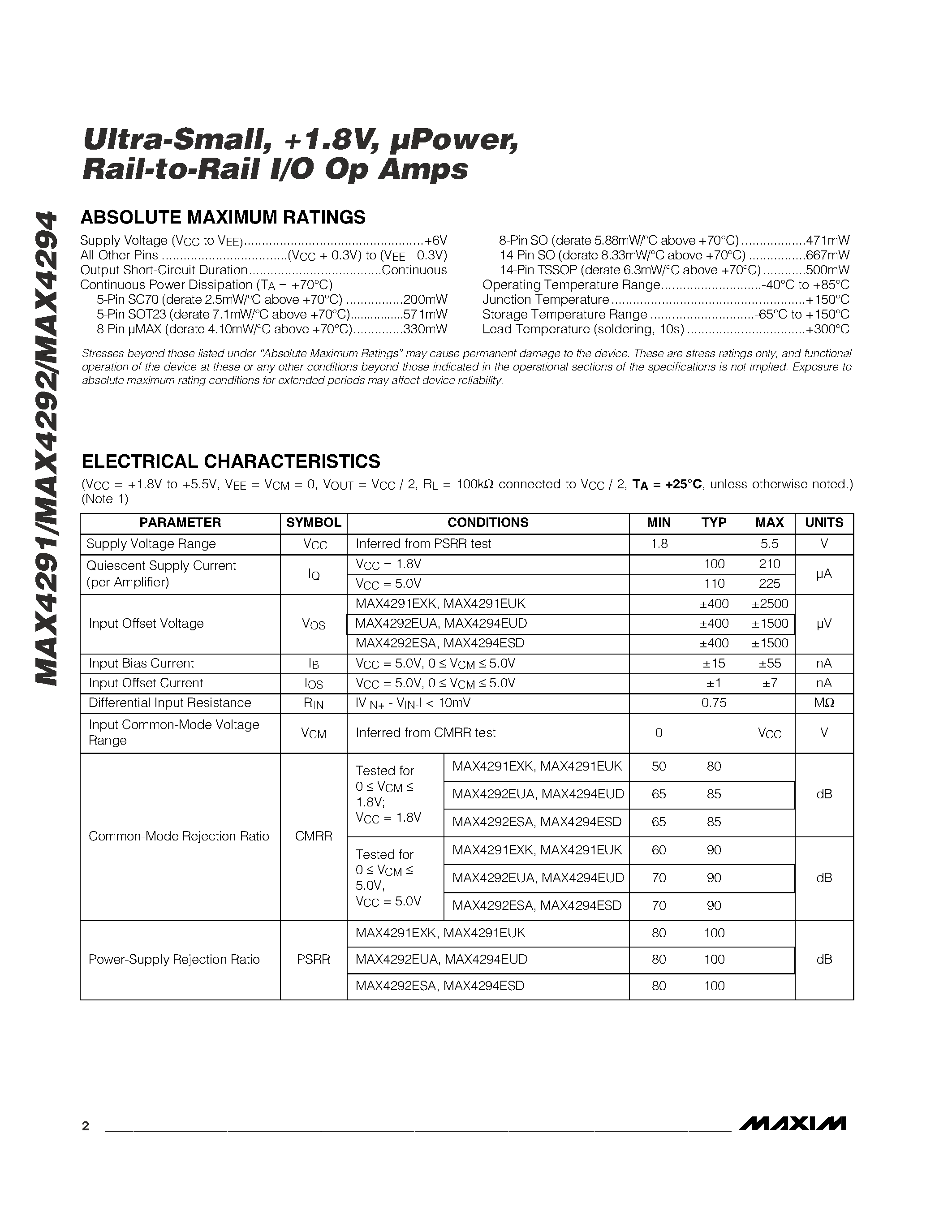 Datasheet MAX4291 - Ultra-Small / !.8V / Power / Rail-to-Rail I/O Op Amps page 2