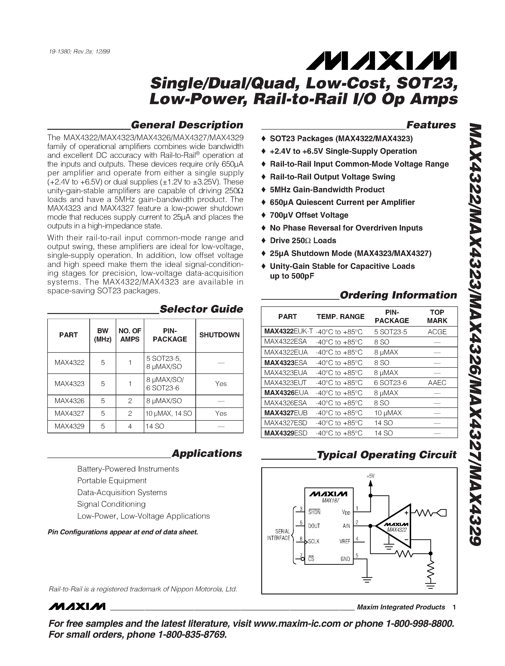 Datasheet MAX4322ESA - Single/Dual/Quad / Low-Cost / SOT23 / Low-Power / Rail-to-Rail I/O Op Amps page 1