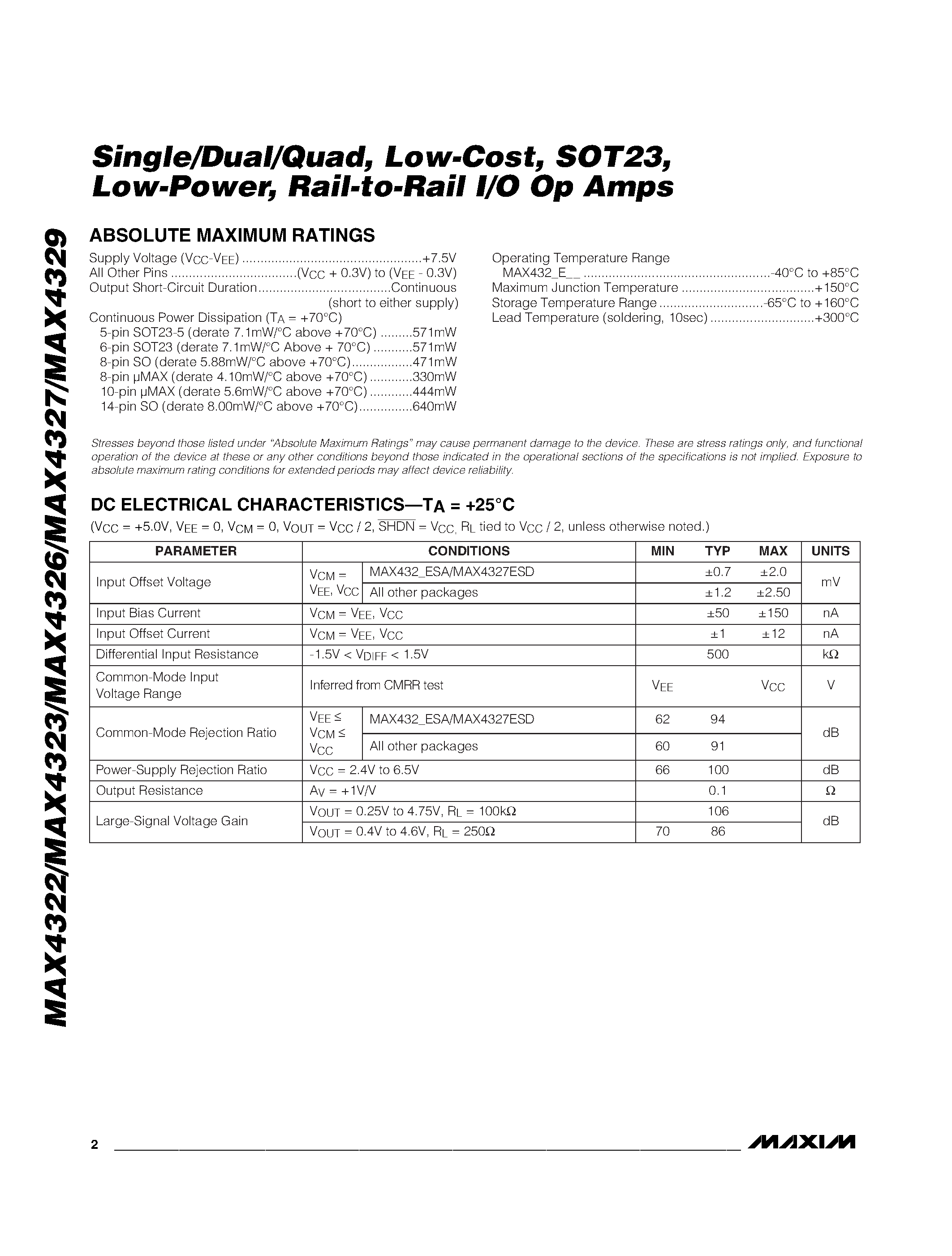 Datasheet MAX4322ESA - Single/Dual/Quad / Low-Cost / SOT23 / Low-Power / Rail-to-Rail I/O Op Amps page 2