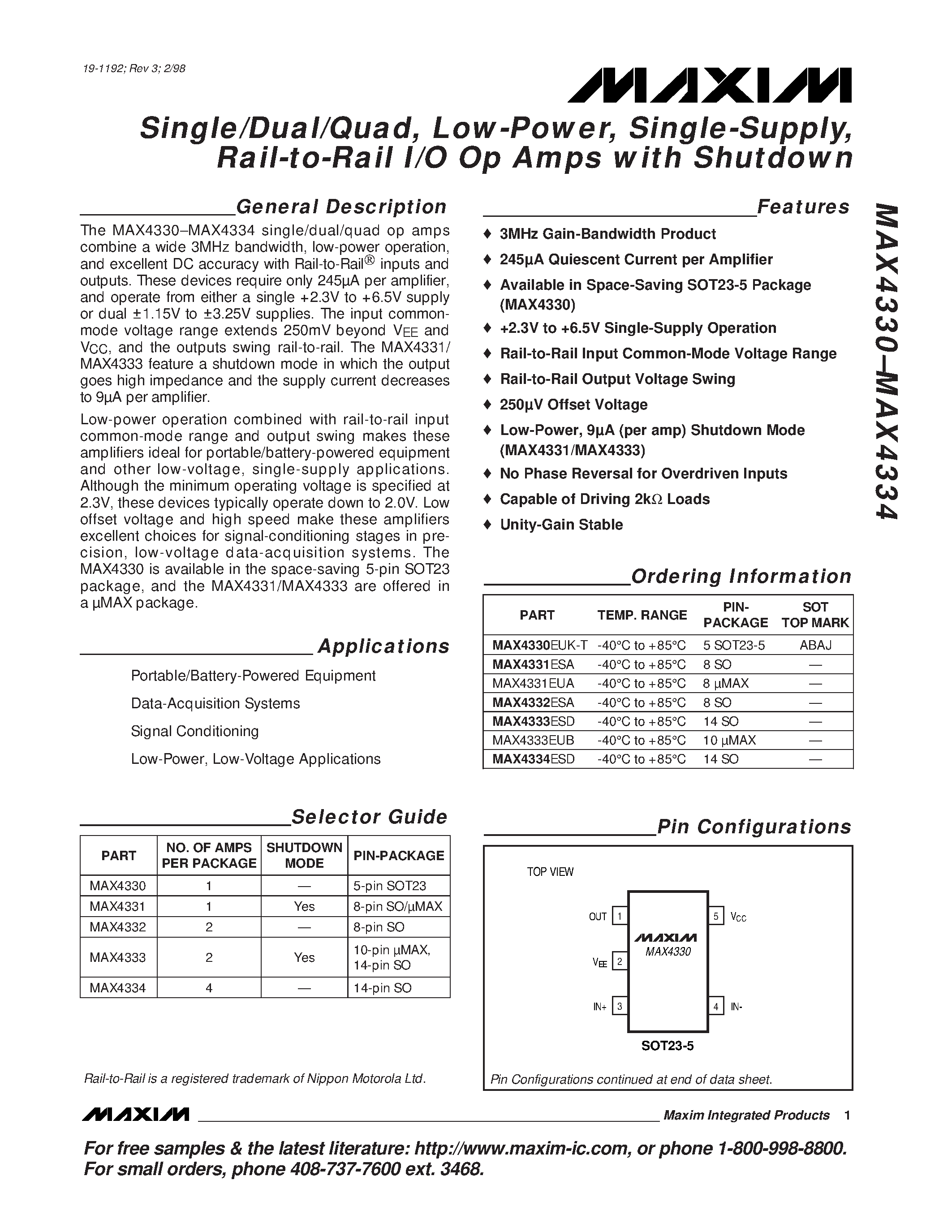 Datasheet MAX4330 - Single/Dual/Quad / Low-Power / Single-Supply / Rail-to-Rail I/O Op Amps with Shutdown page 1