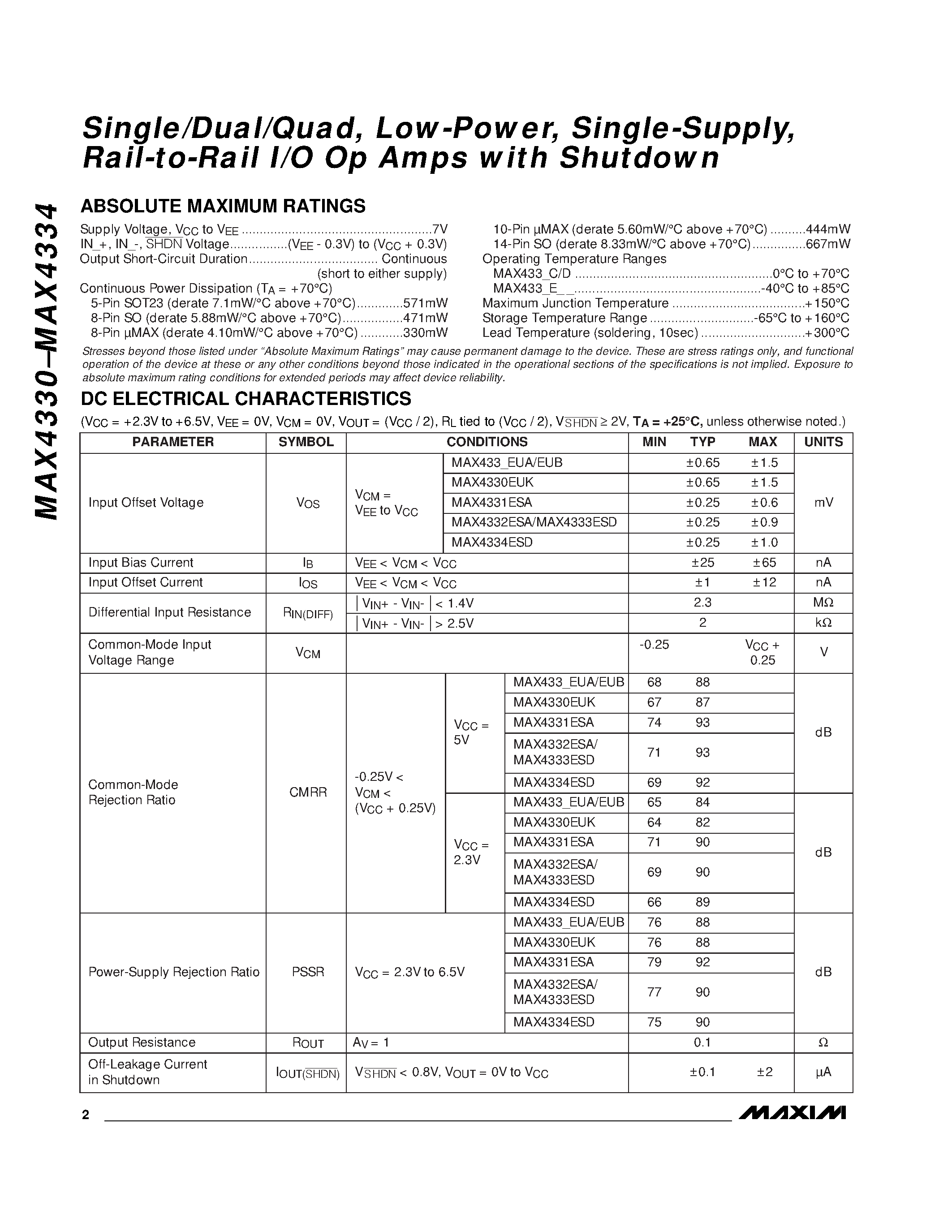 Datasheet MAX4330 - Single/Dual/Quad / Low-Power / Single-Supply / Rail-to-Rail I/O Op Amps with Shutdown page 2