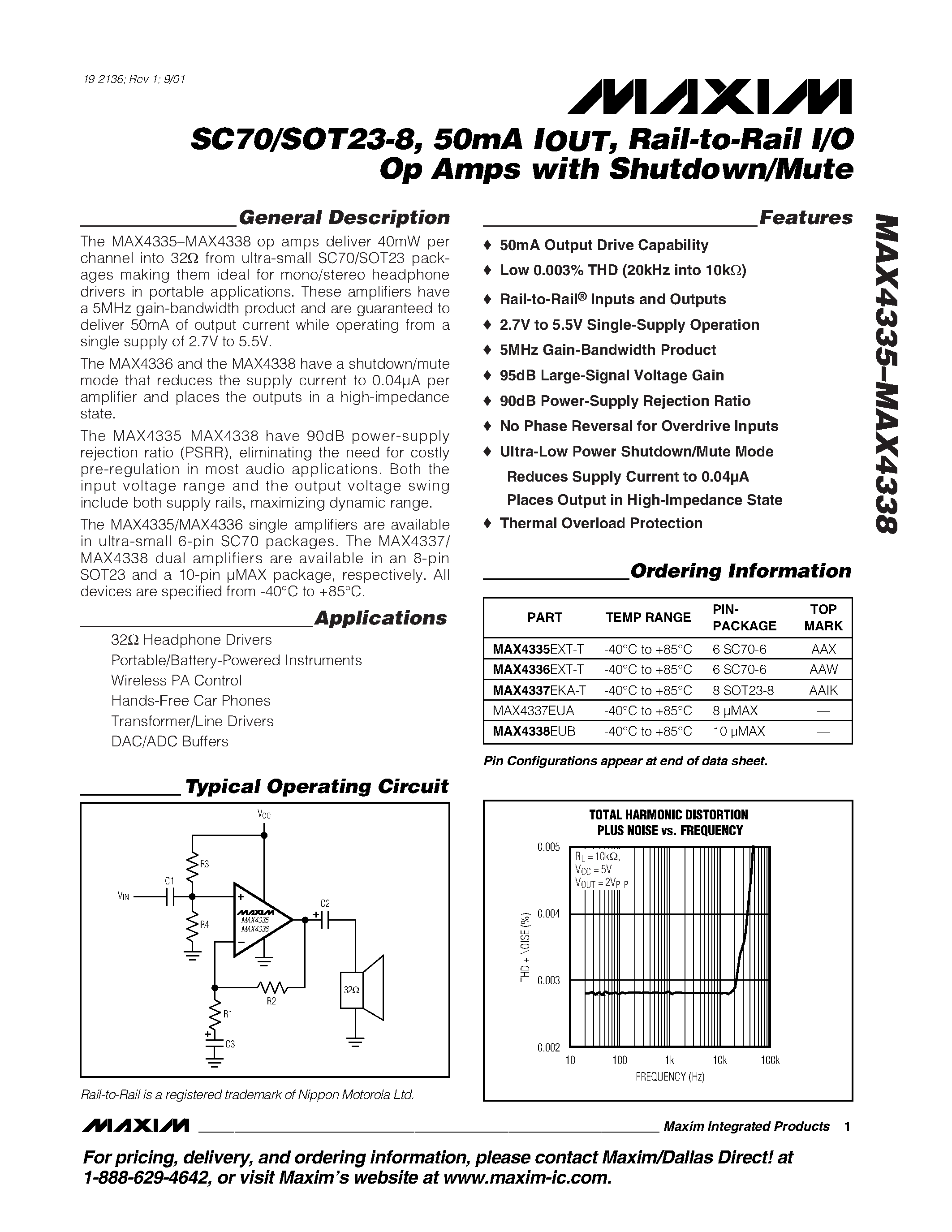 Datasheet MAX4335 - SC70/SOT23-8 / 50mA IOUT / Rail-to-Rail I/O Op Amps with Shutdown/Mute page 1