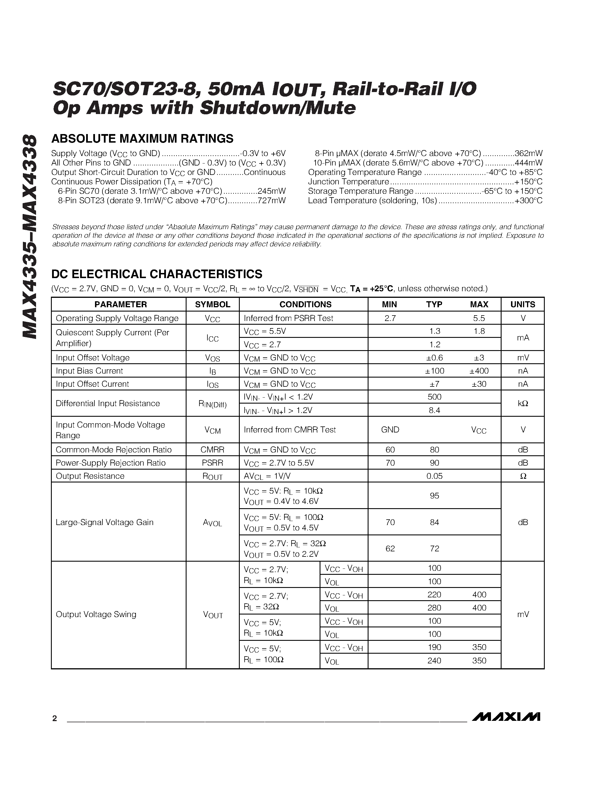 Datasheet MAX4335 - SC70/SOT23-8 / 50mA IOUT / Rail-to-Rail I/O Op Amps with Shutdown/Mute page 2