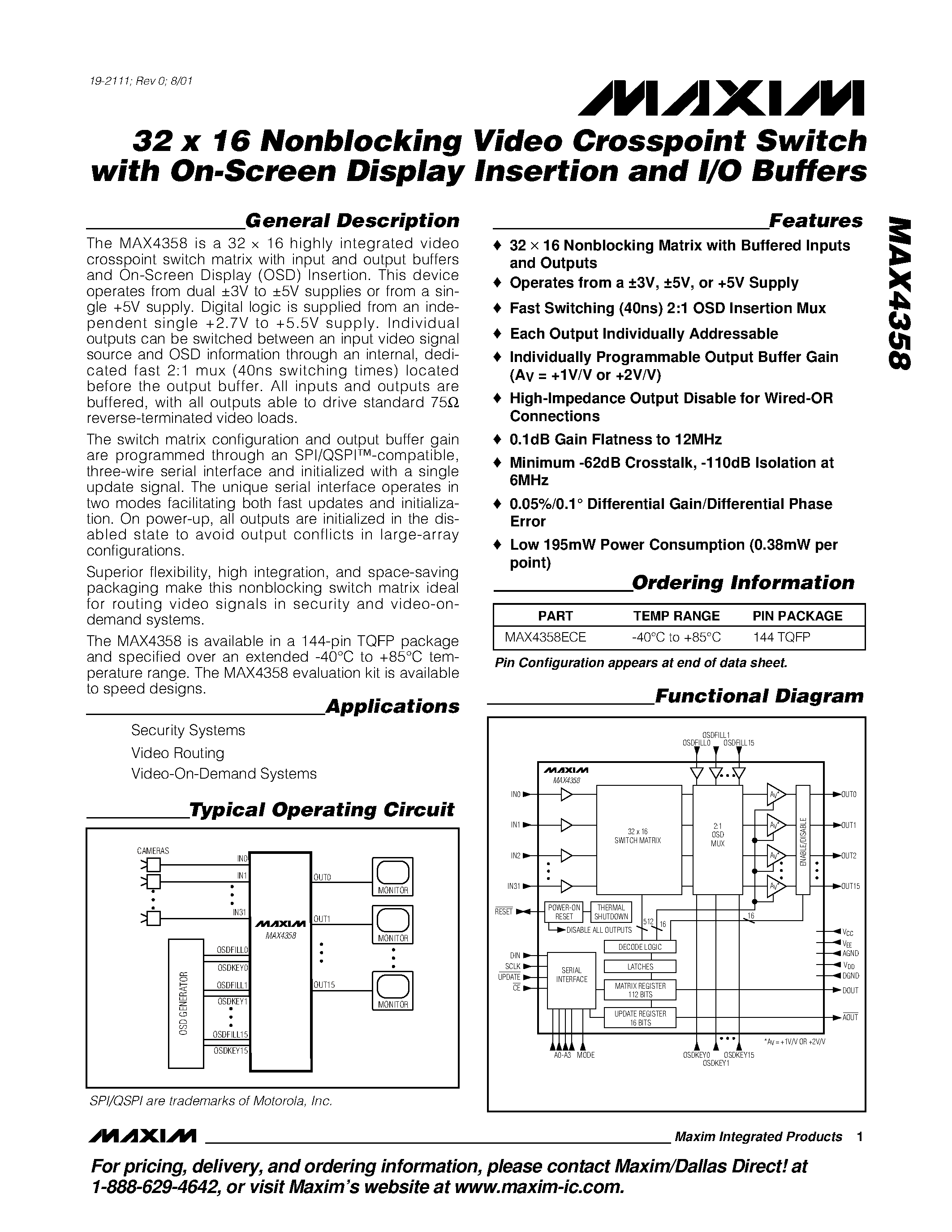 Datasheet MAX4358 - 32 x 16 Nonblocking Video Crosspoint Switch with On-Screen Display Insertion and I/O Buffers page 1