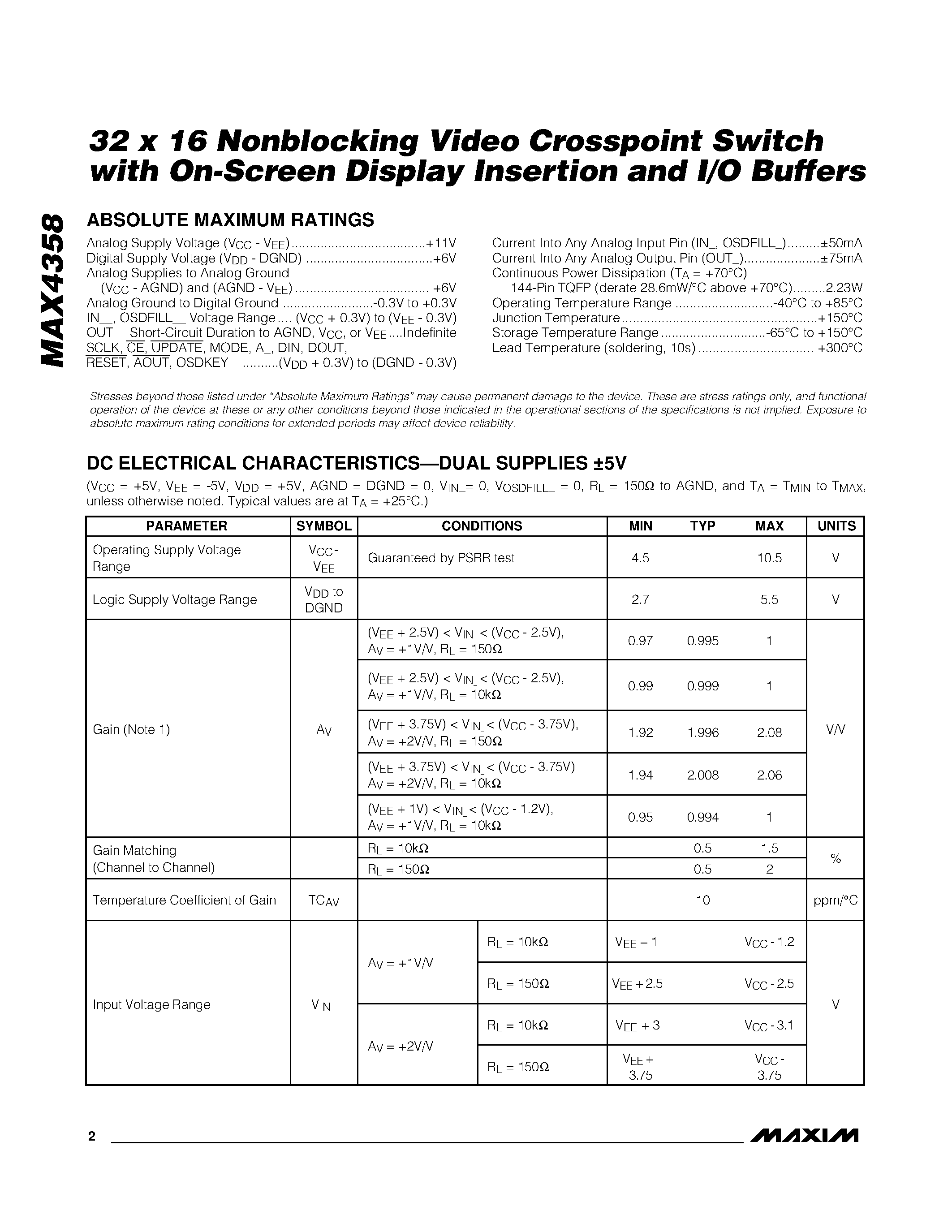 Datasheet MAX4358 - 32 x 16 Nonblocking Video Crosspoint Switch with On-Screen Display Insertion and I/O Buffers page 2